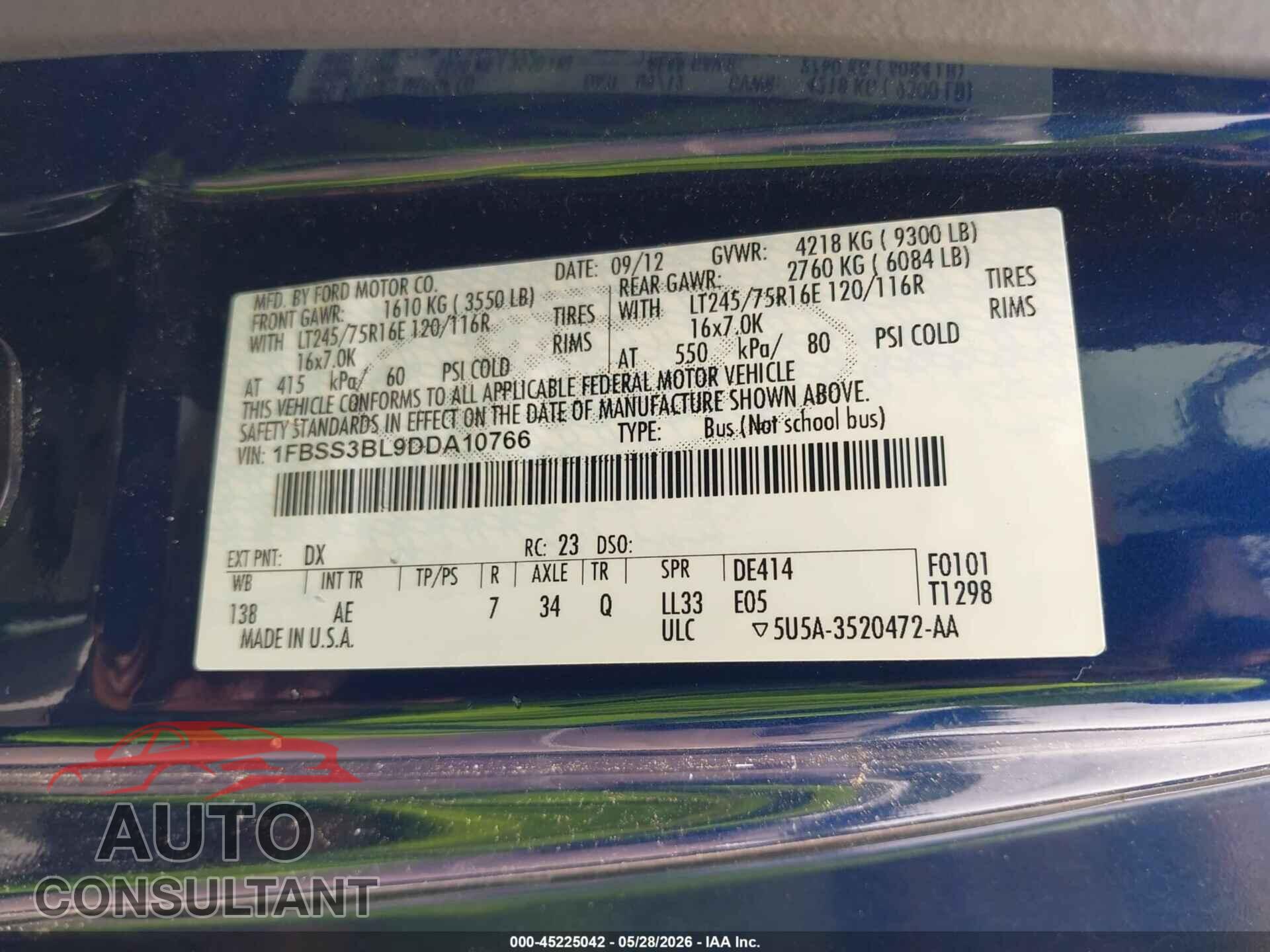 FORD E-350 SUPER DUTY 2013 - 1FBSS3BL9DDA10766