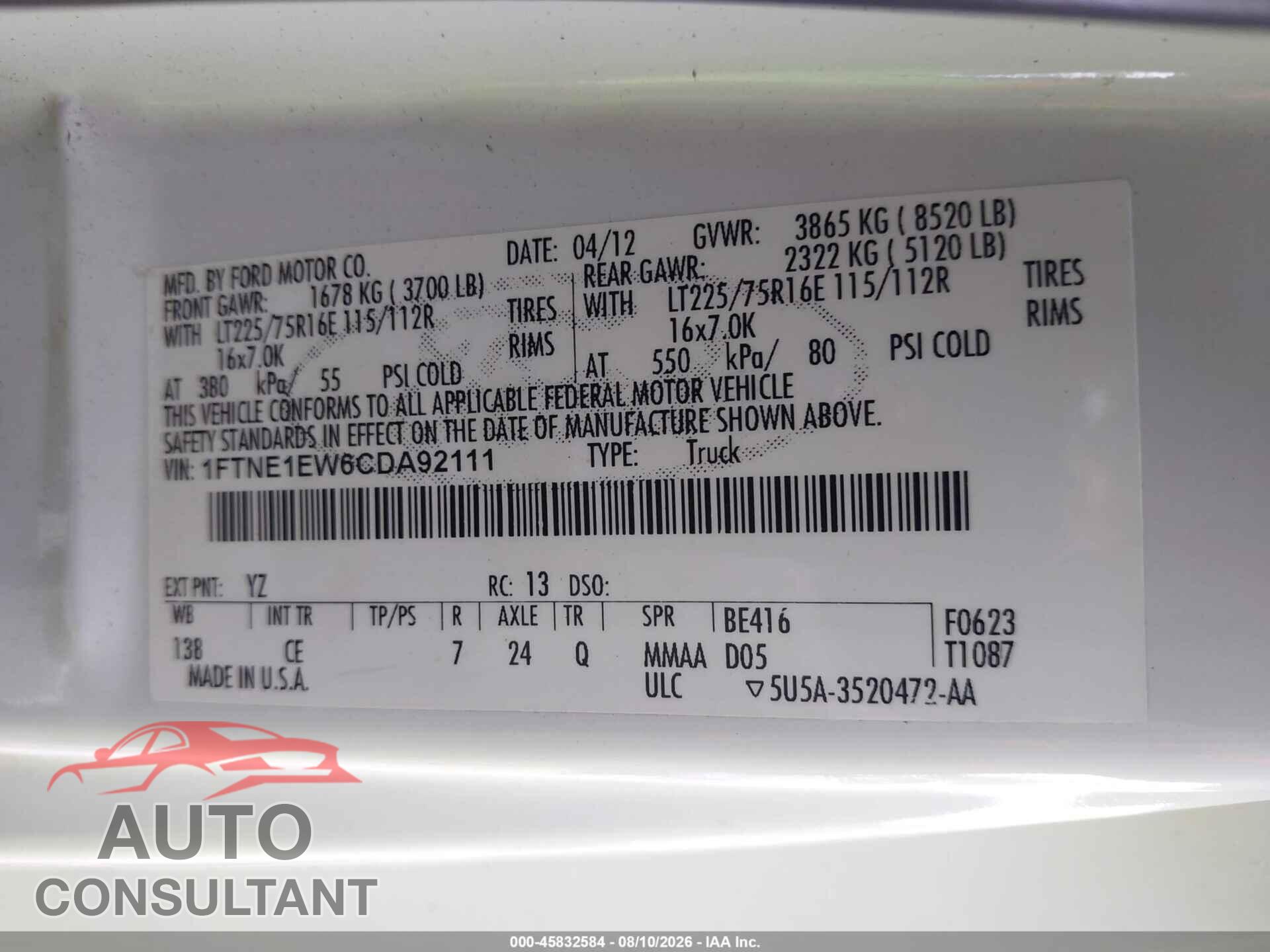 FORD E-150 2012 - 1FTNE1EW6CDA92111
