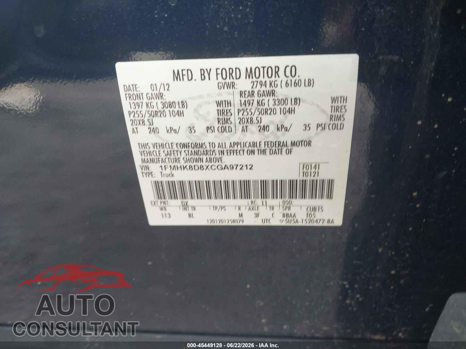 FORD EXPLORER 2012 - 1FMHK8D8XCGA97212