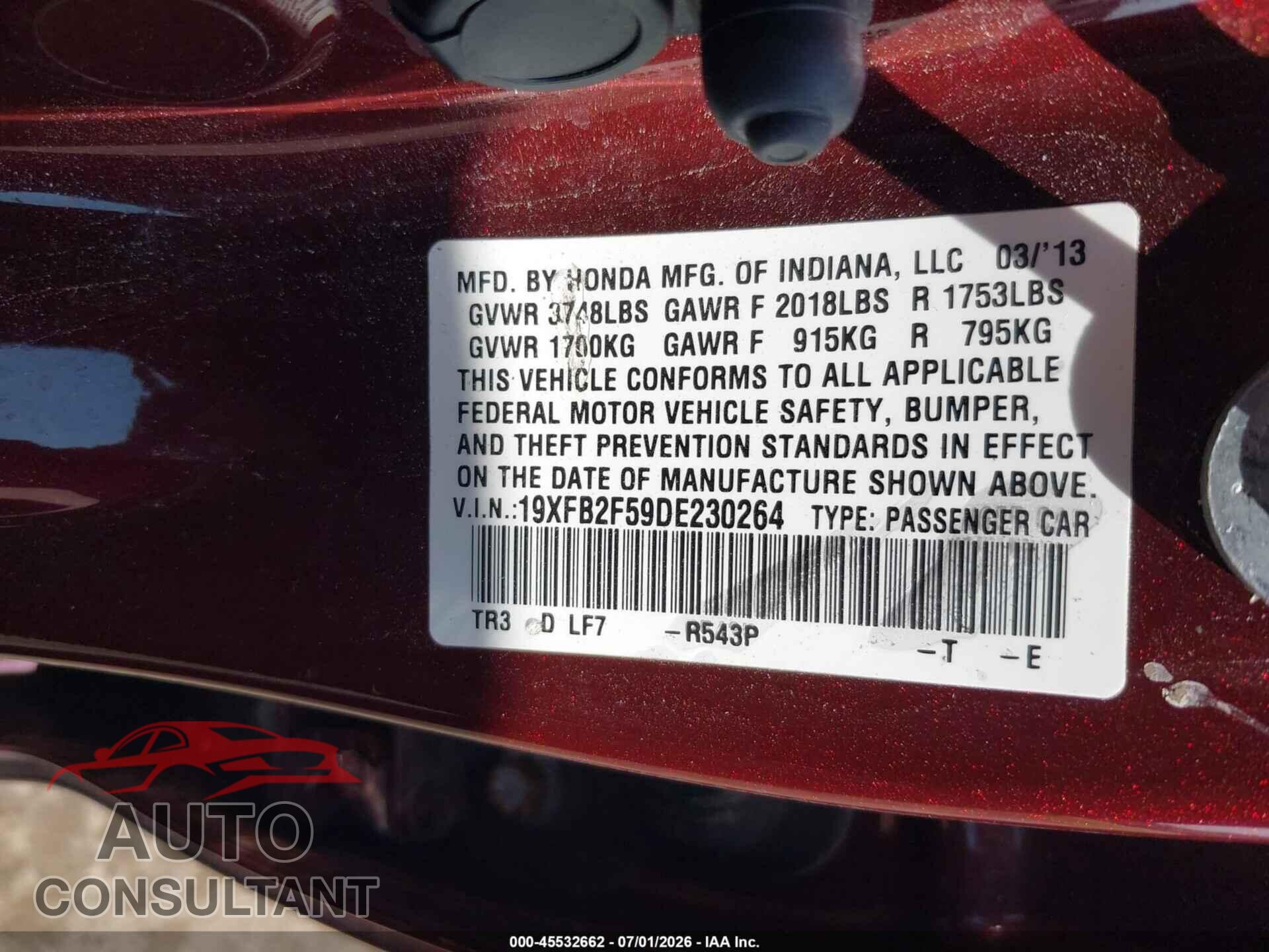 HONDA CIVIC 2013 - 19XFB2F59DE230264