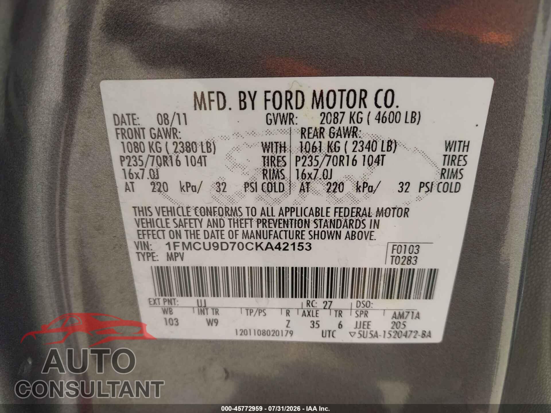 FORD ESCAPE 2012 - 1FMCU9D70CKA42153
