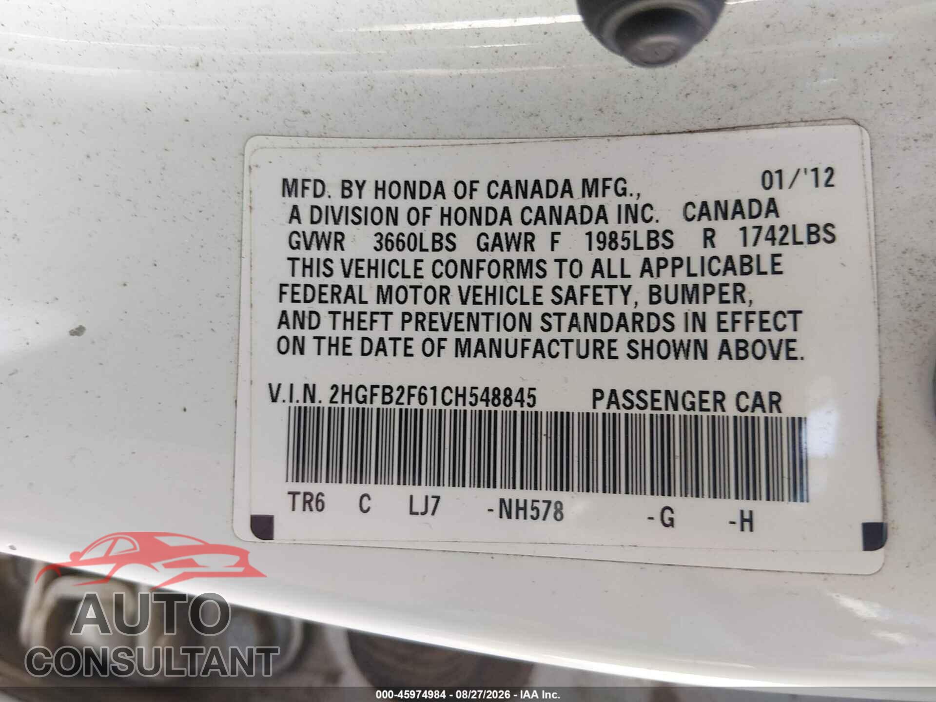 HONDA CIVIC 2012 - 2HGFB2F61CH548845