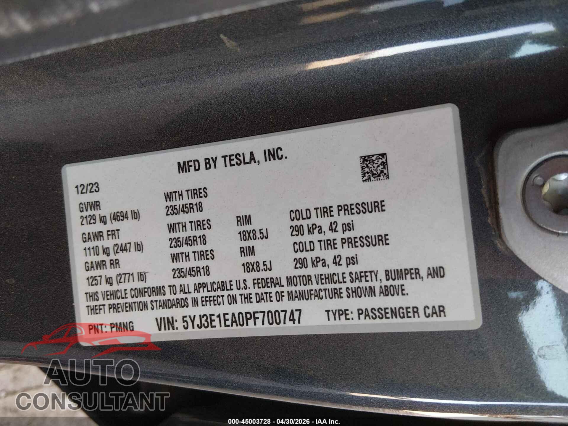 TESLA MODEL 3 2023 - 5YJ3E1EA0PF700747
