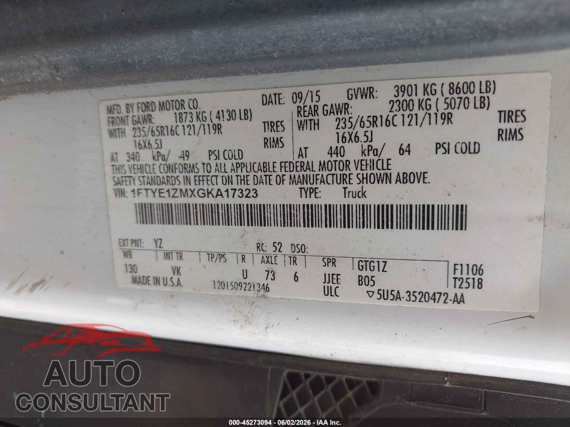 FORD TRANSIT-150 2016 - 1FTYE1ZMXGKA17323