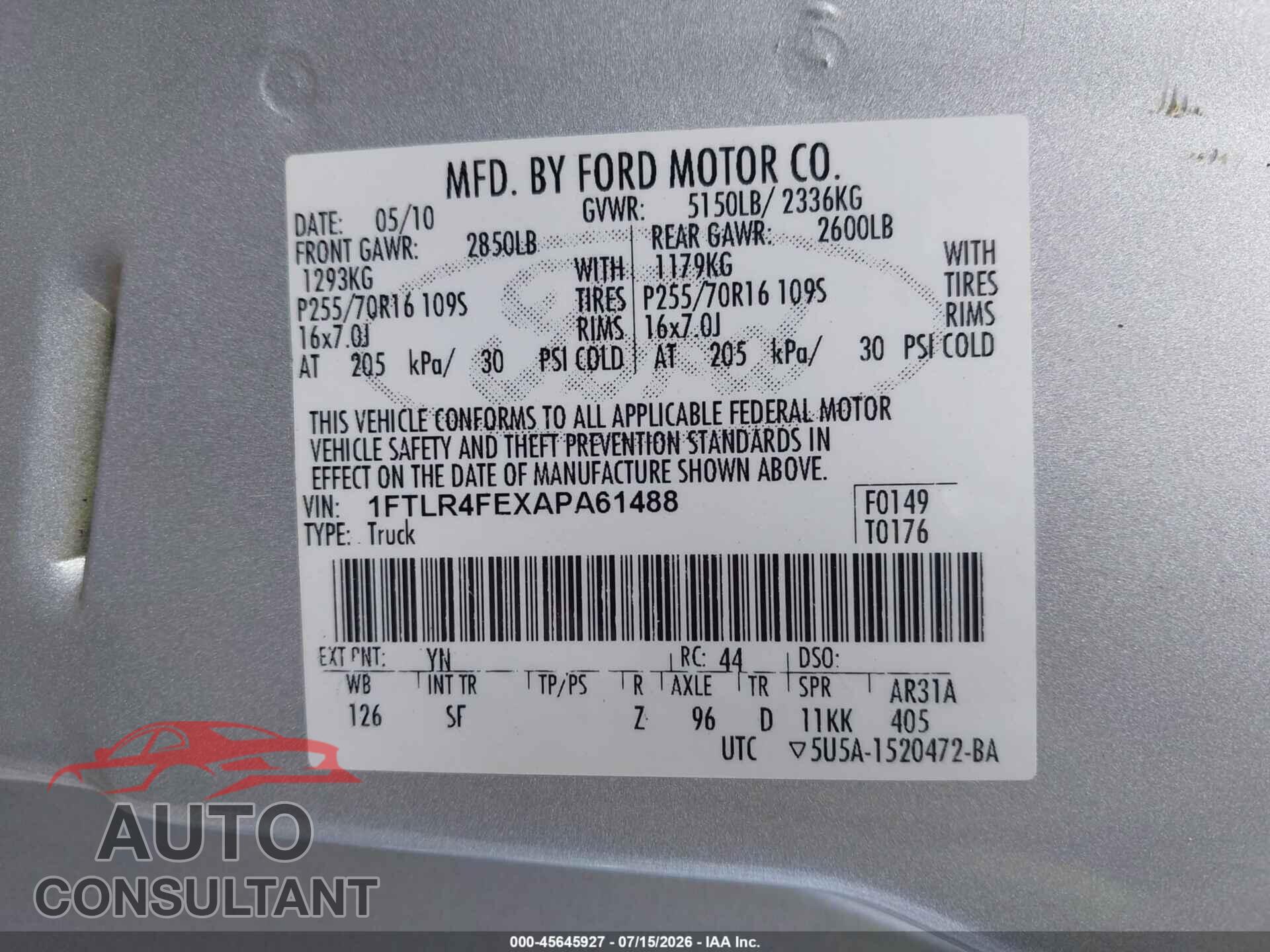 FORD RANGER 2010 - 1FTLR4FEXAPA61488