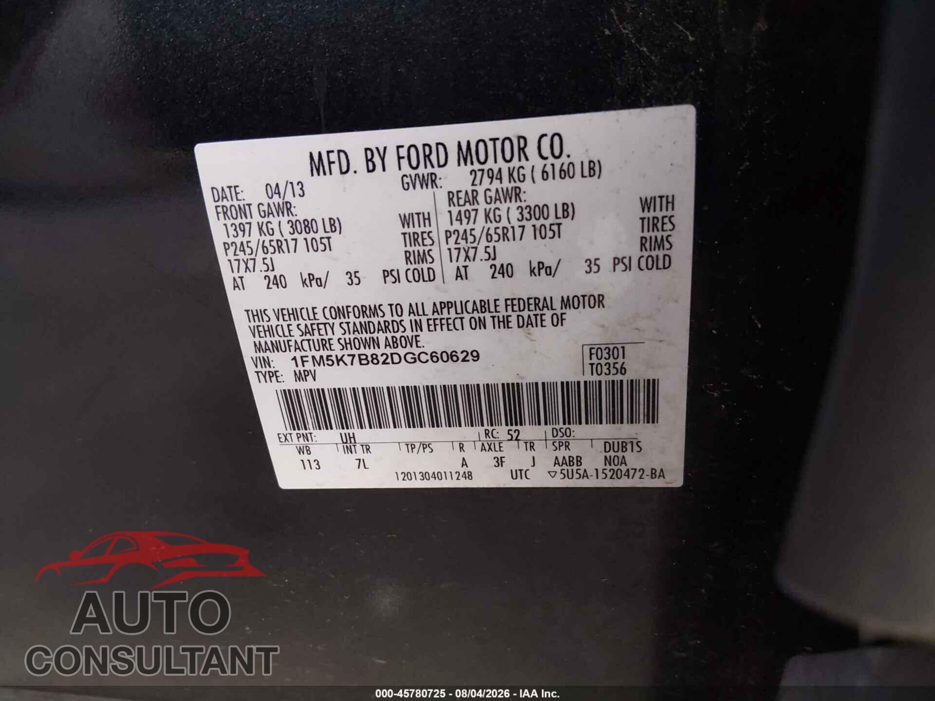 FORD EXPLORER 2013 - 1FM5K7B82DGC60629