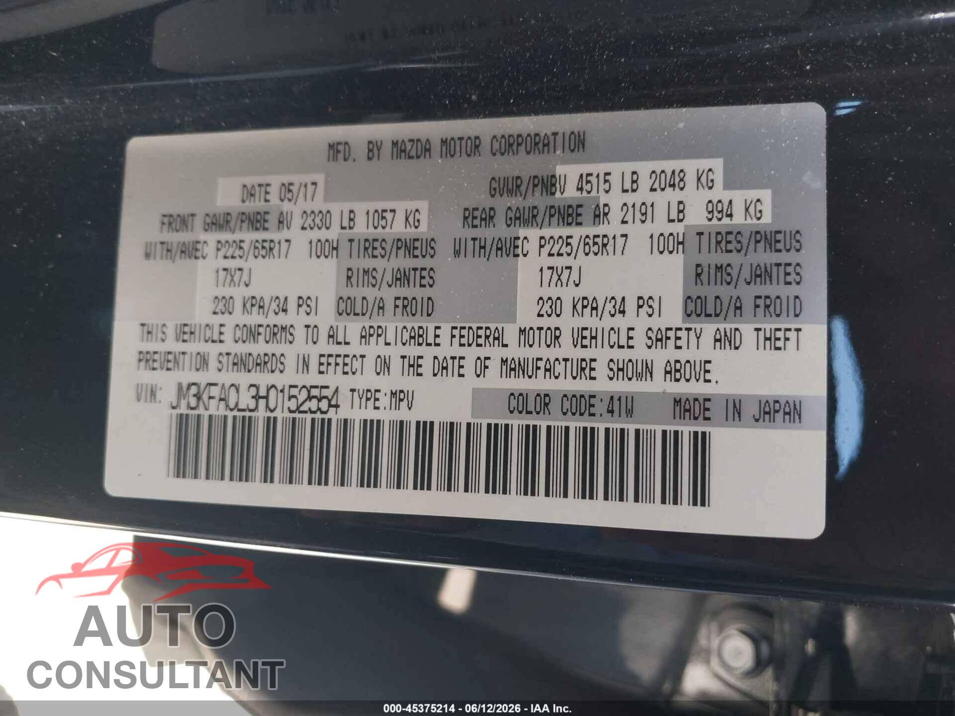 MAZDA CX-5 2017 - JM3KFACL3H0152554