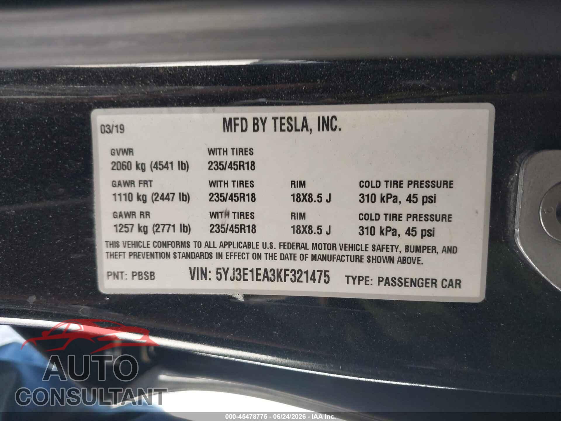 TESLA MODEL 3 2019 - 5YJ3E1EA3KF321475
