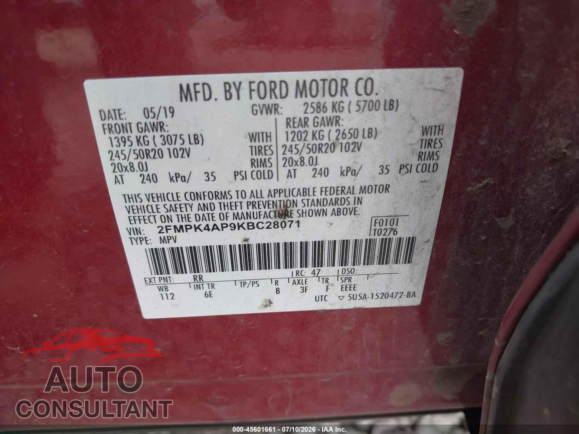 FORD EDGE 2019 - 2FMPK4AP9KBC28071