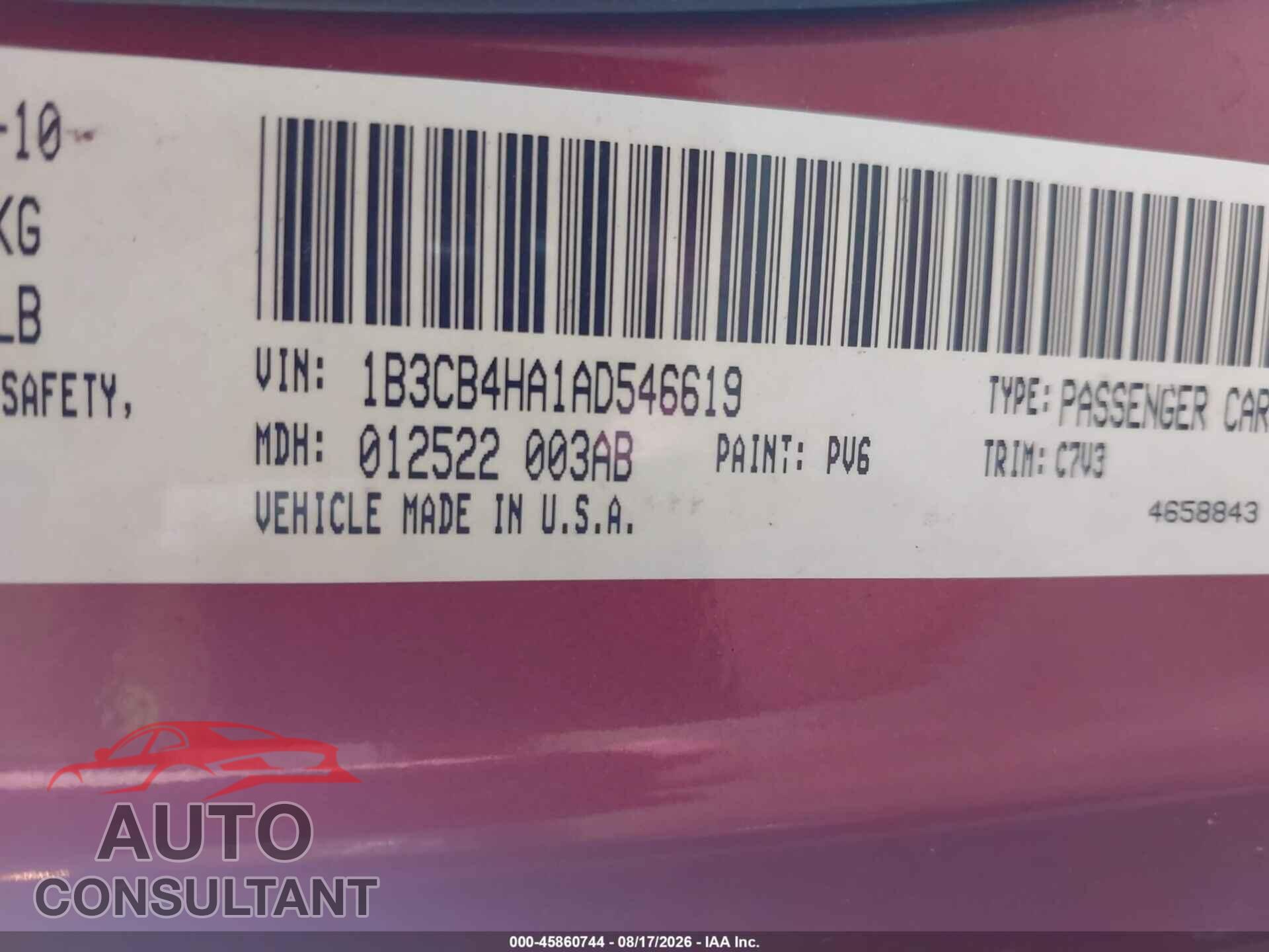 DODGE CALIBER 2010 - 1B3CB4HA1AD546619