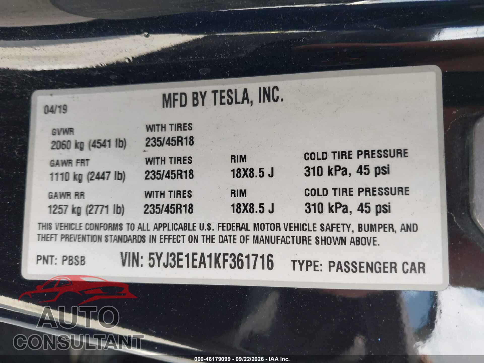 TESLA MODEL 3 2019 - 5YJ3E1EA1KF361716