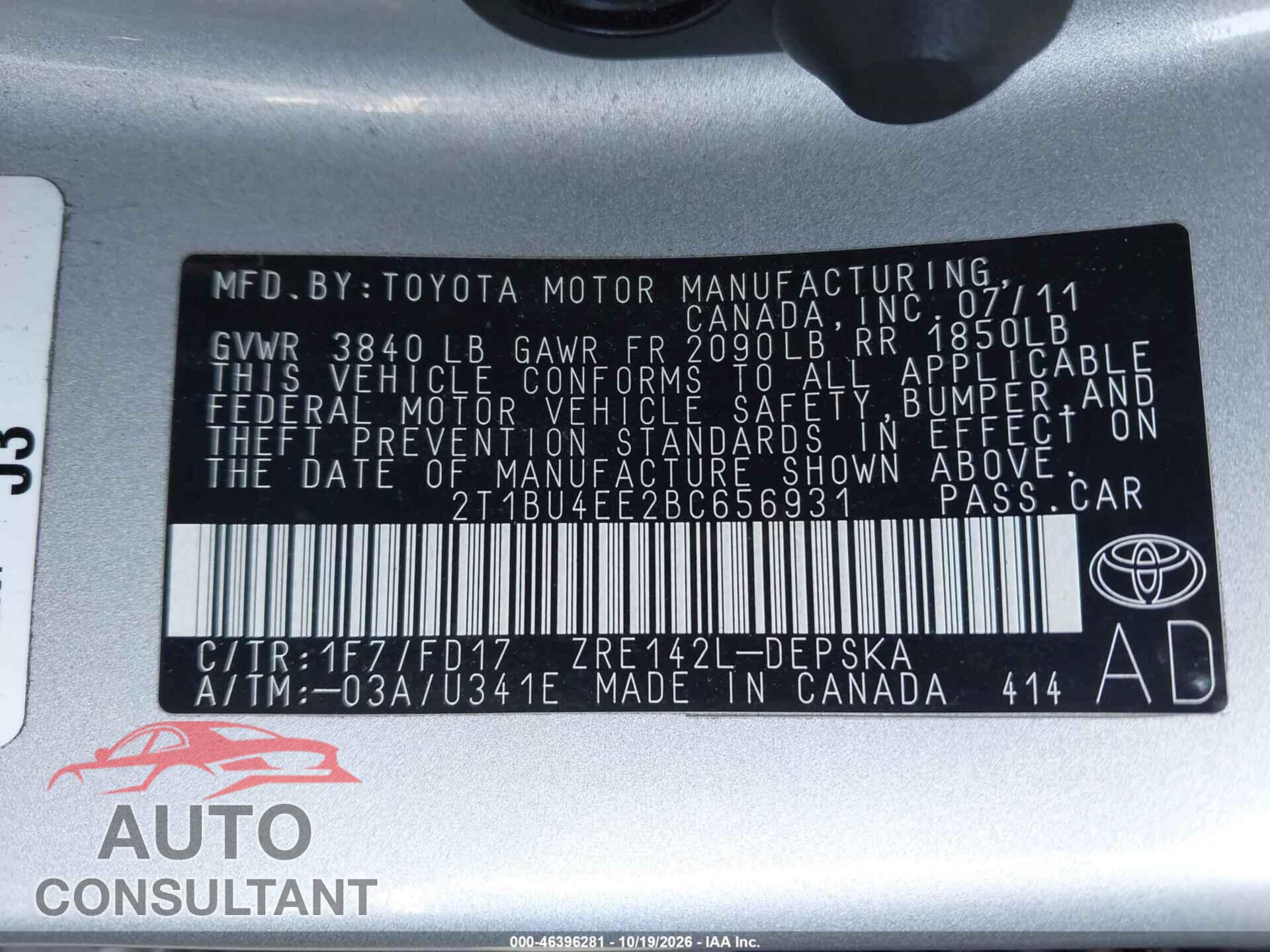 TOYOTA COROLLA 2011 - 2T1BU4EE2BC656931