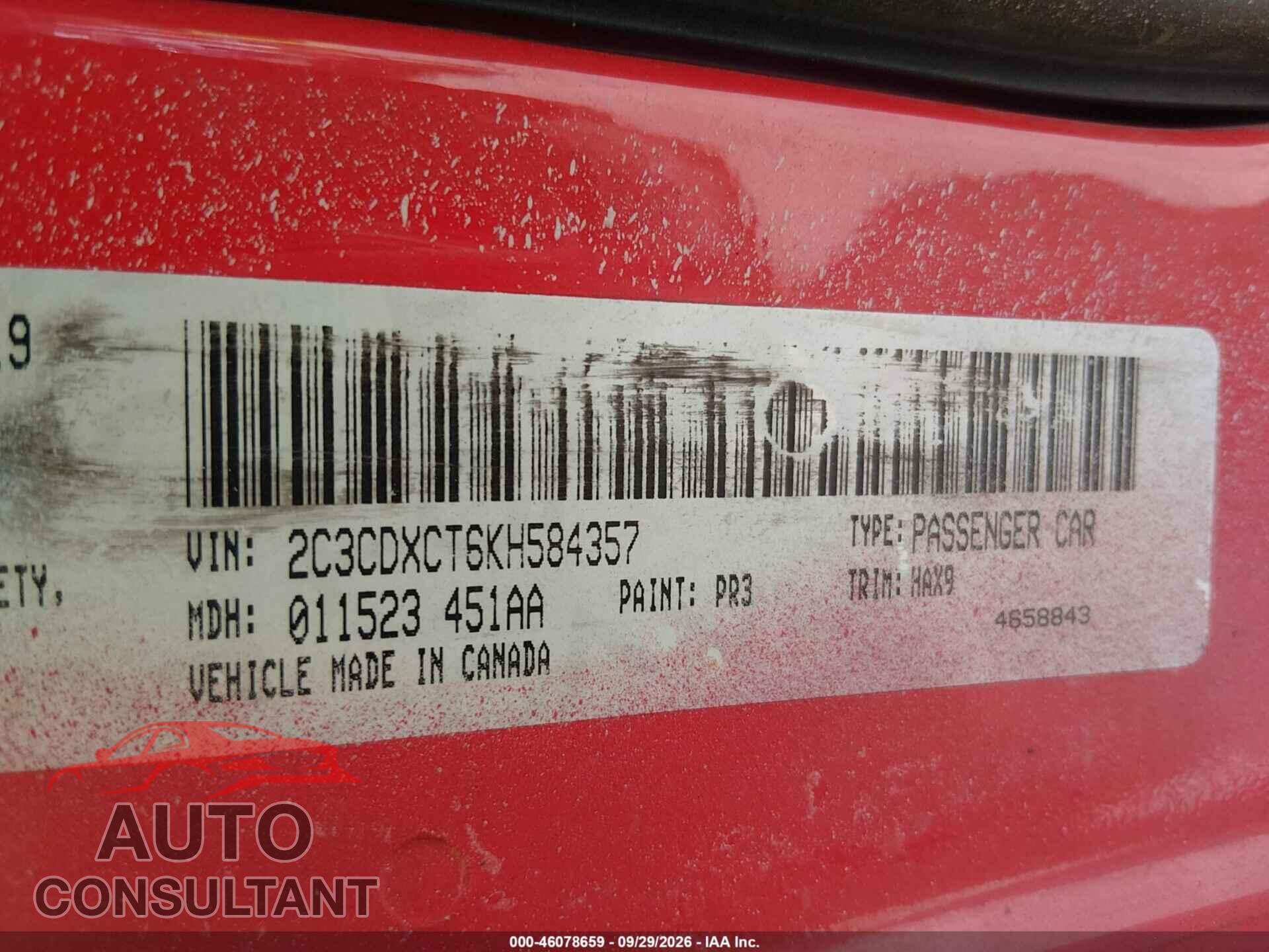 DODGE CHARGER 2019 - 2C3CDXCT6KH584357