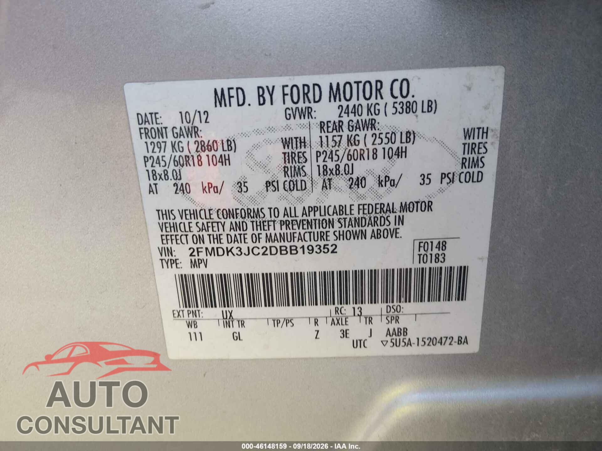 FORD EDGE 2013 - 2FMDK3JC2DBB19352