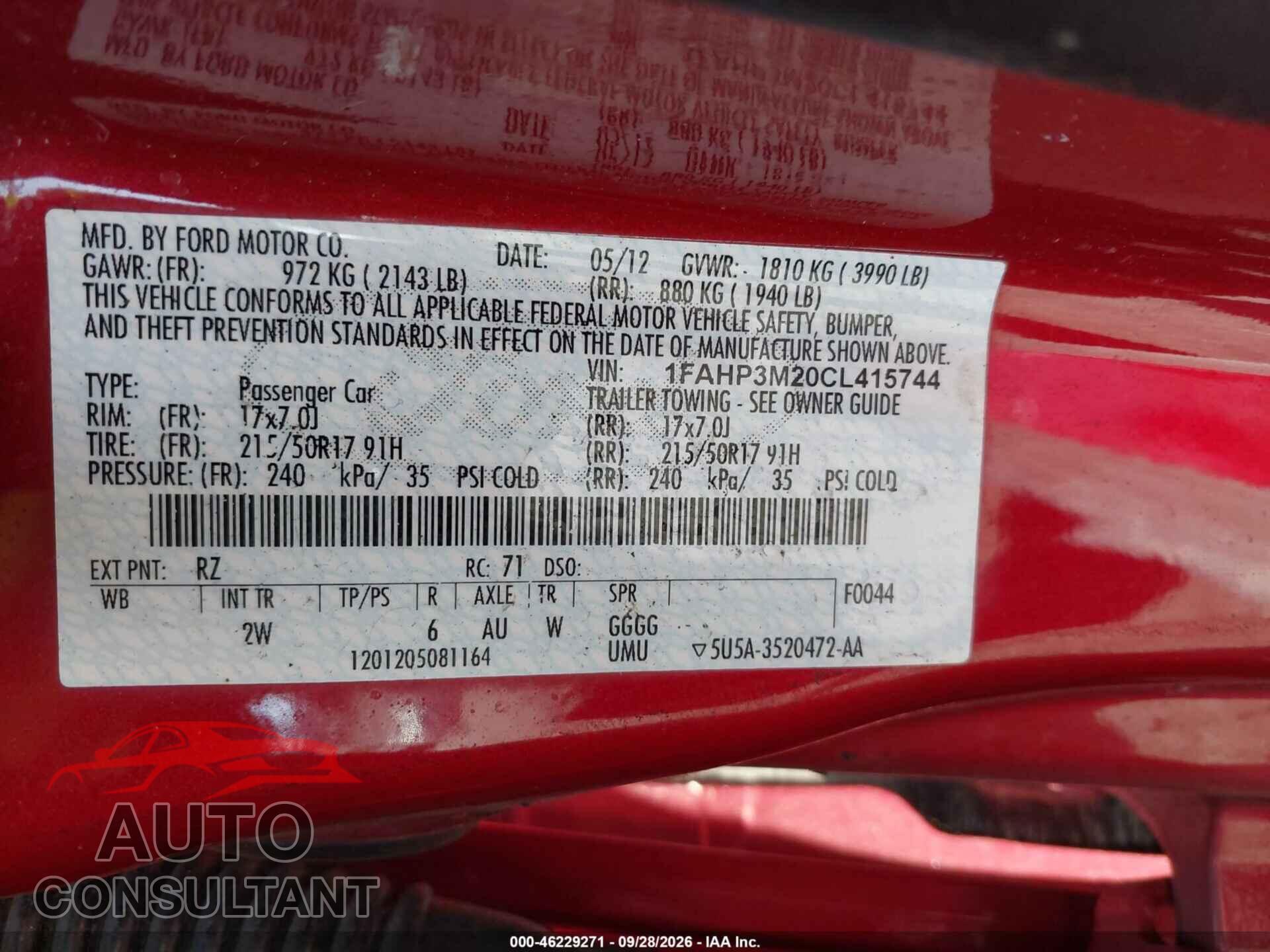 FORD FOCUS 2012 - 1FAHP3M20CL415744