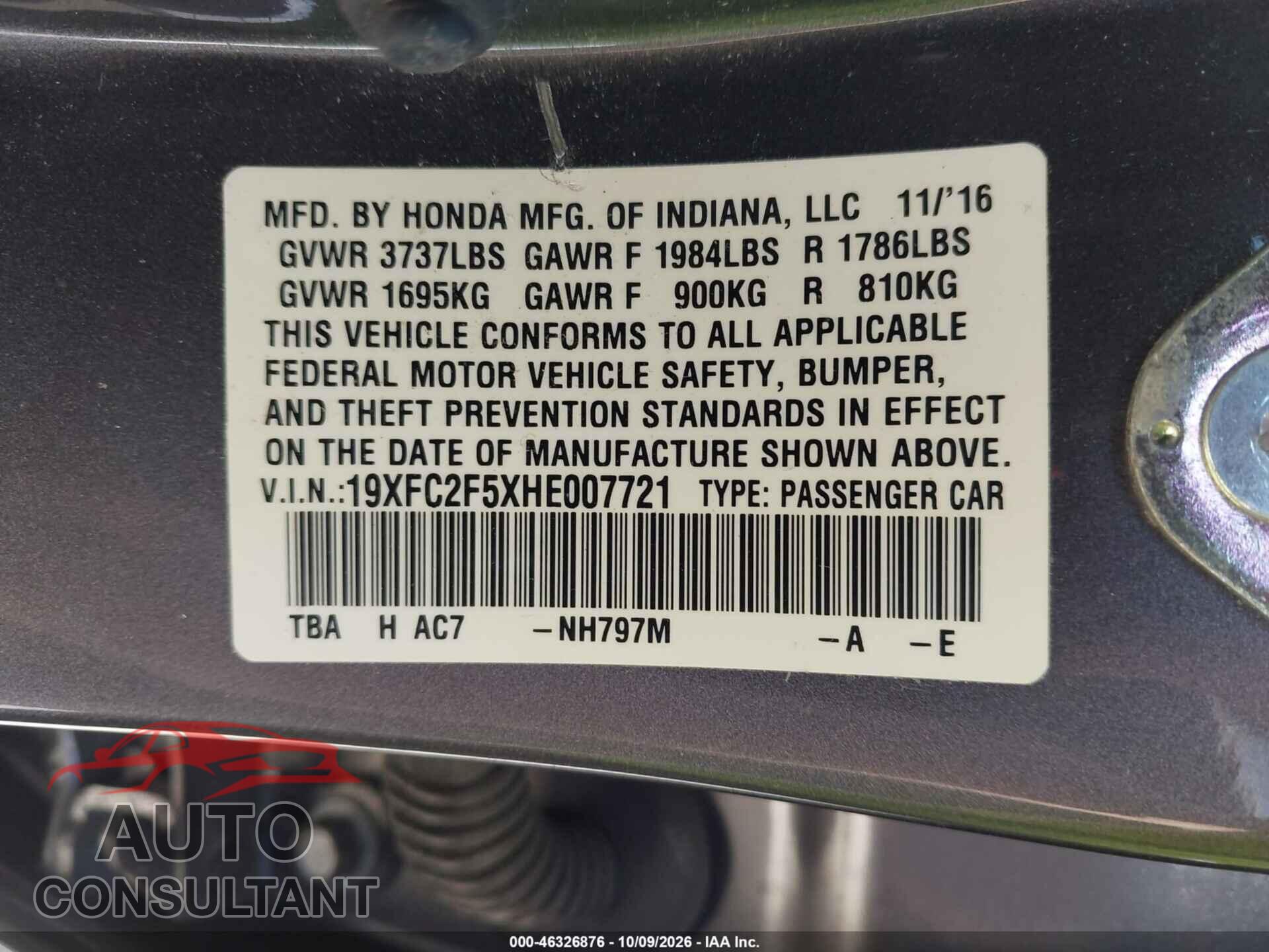 HONDA CIVIC 2017 - 19XFC2F5XHE007721