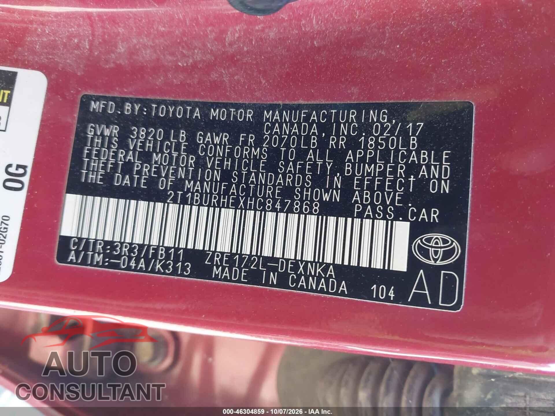 TOYOTA COROLLA 2017 - 2T1BURHEXHC847868