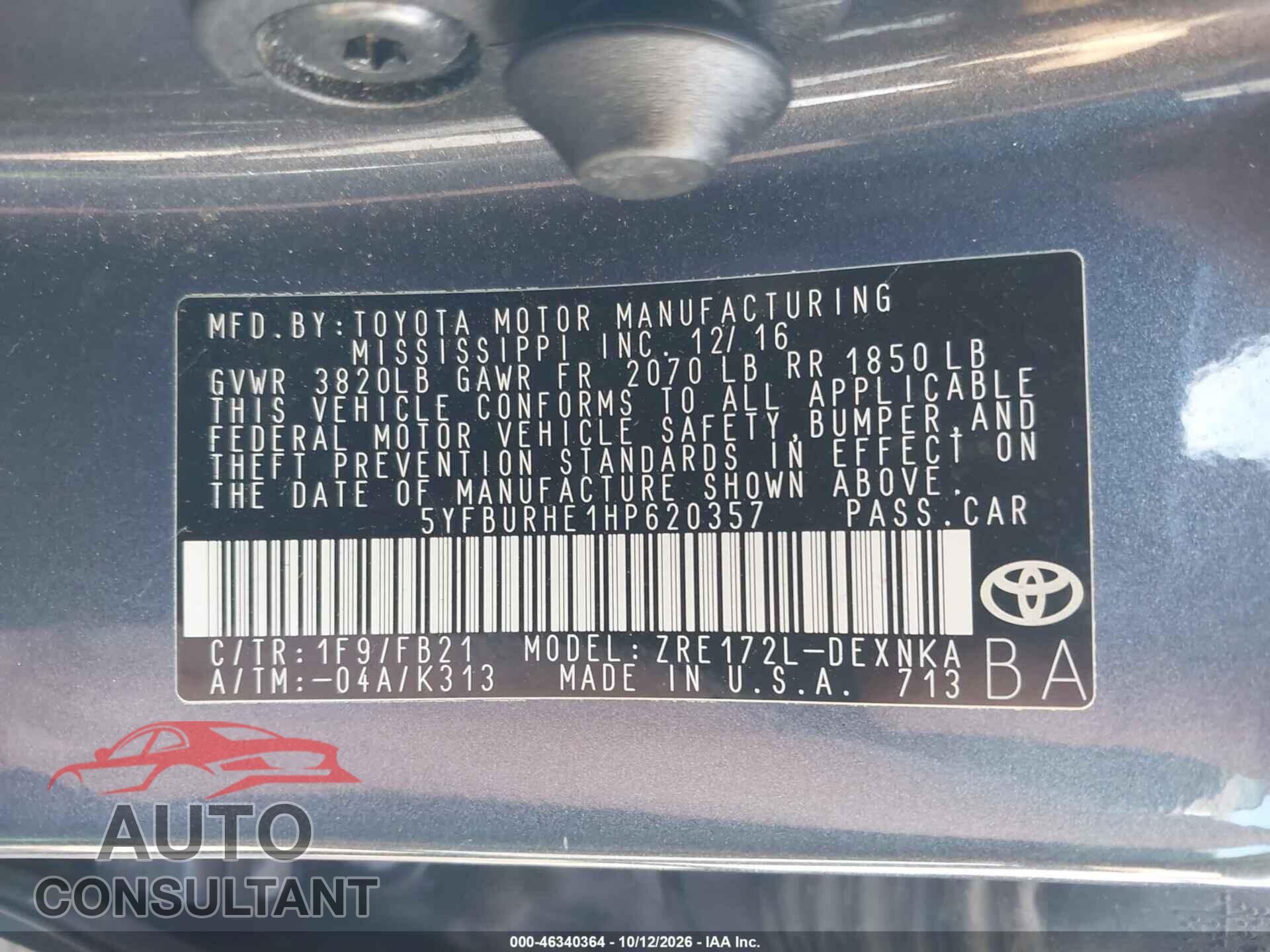 TOYOTA COROLLA 2017 - 5YFBURHE1HP620357