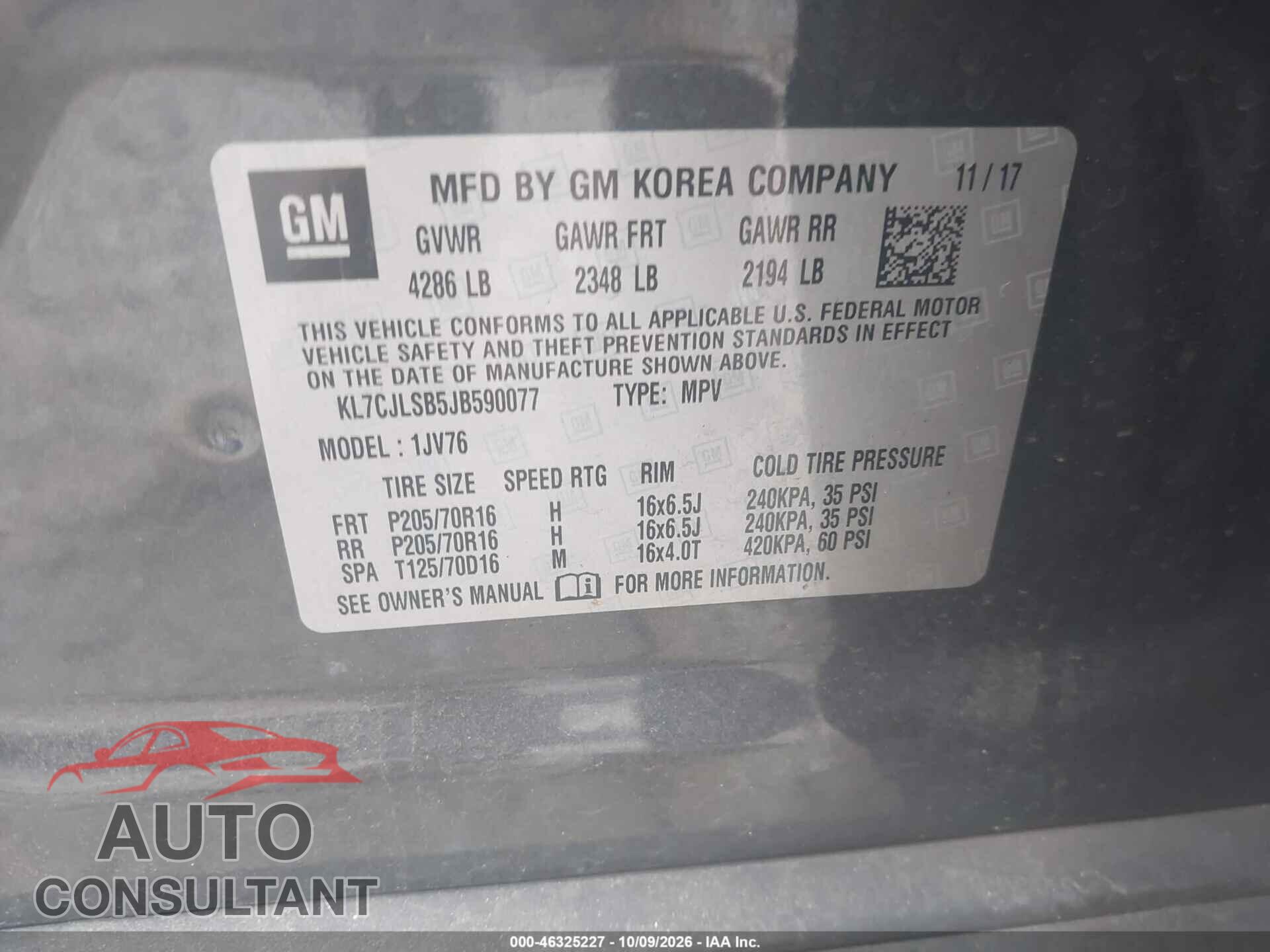 CHEVROLET TRAX 2018 - KL7CJLSB5JB590077