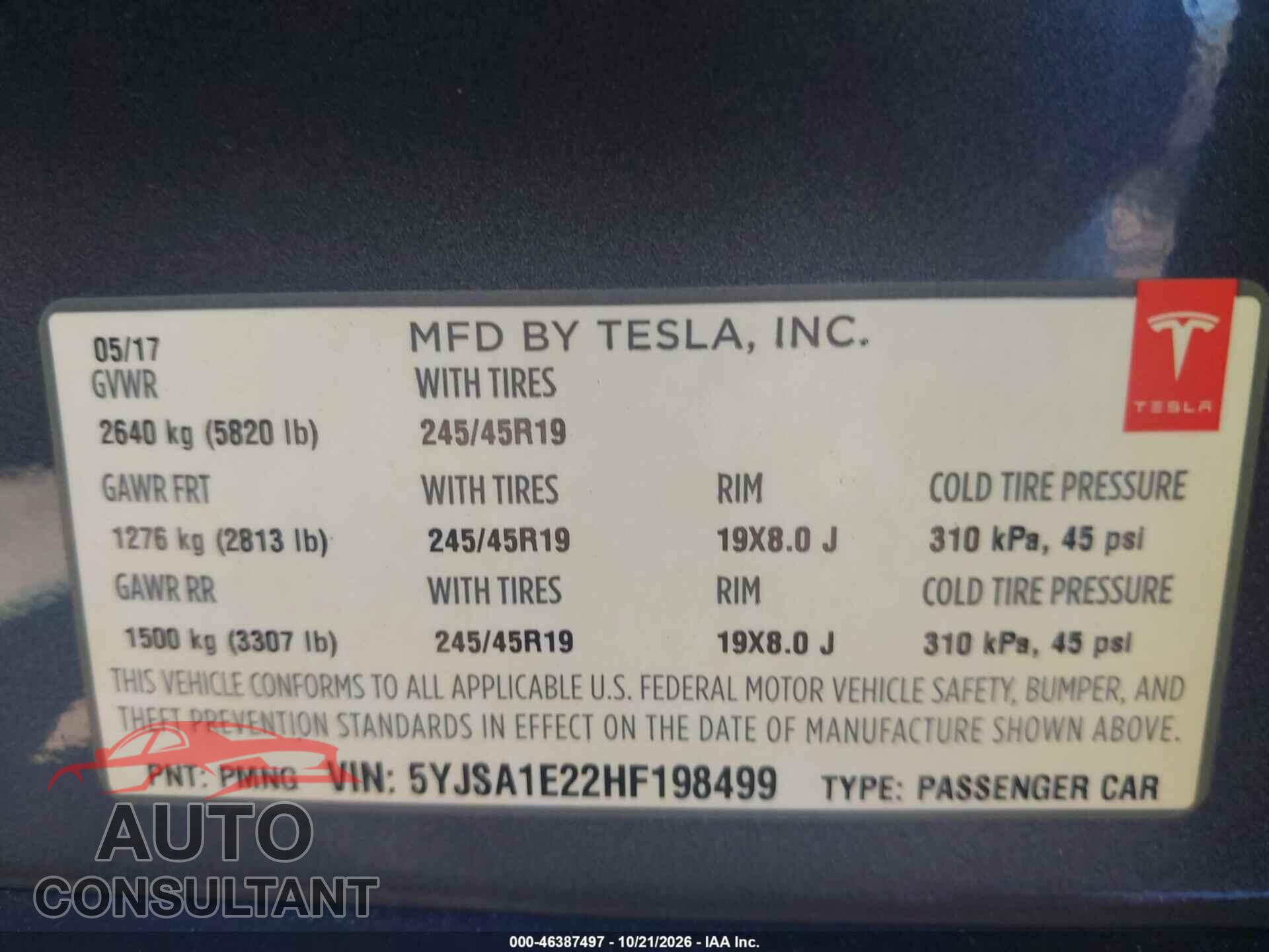 TESLA MODEL S 2017 - 5YJSA1E22HF198499