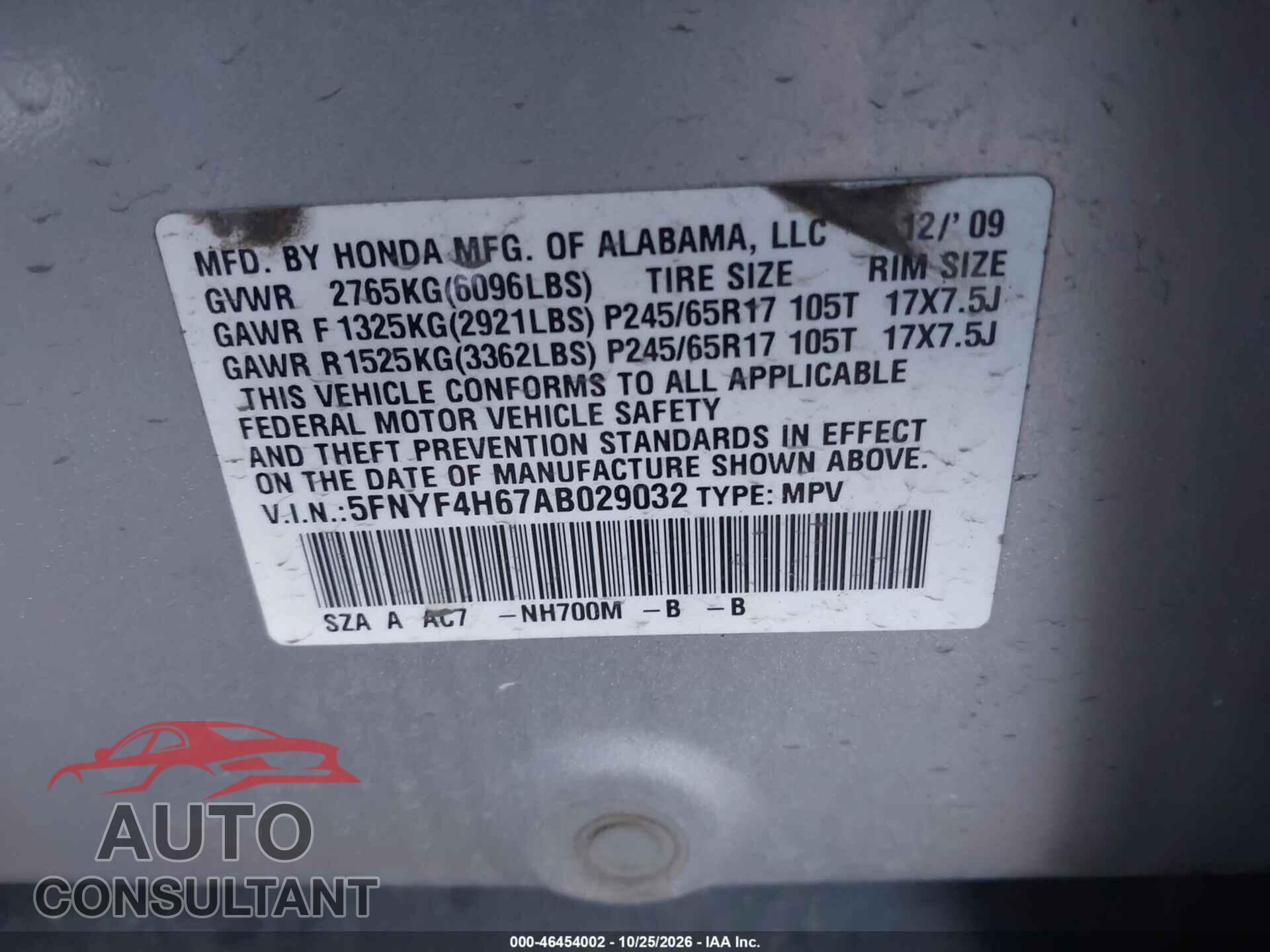 HONDA PILOT 2010 - 5FNYF4H67AB029032
