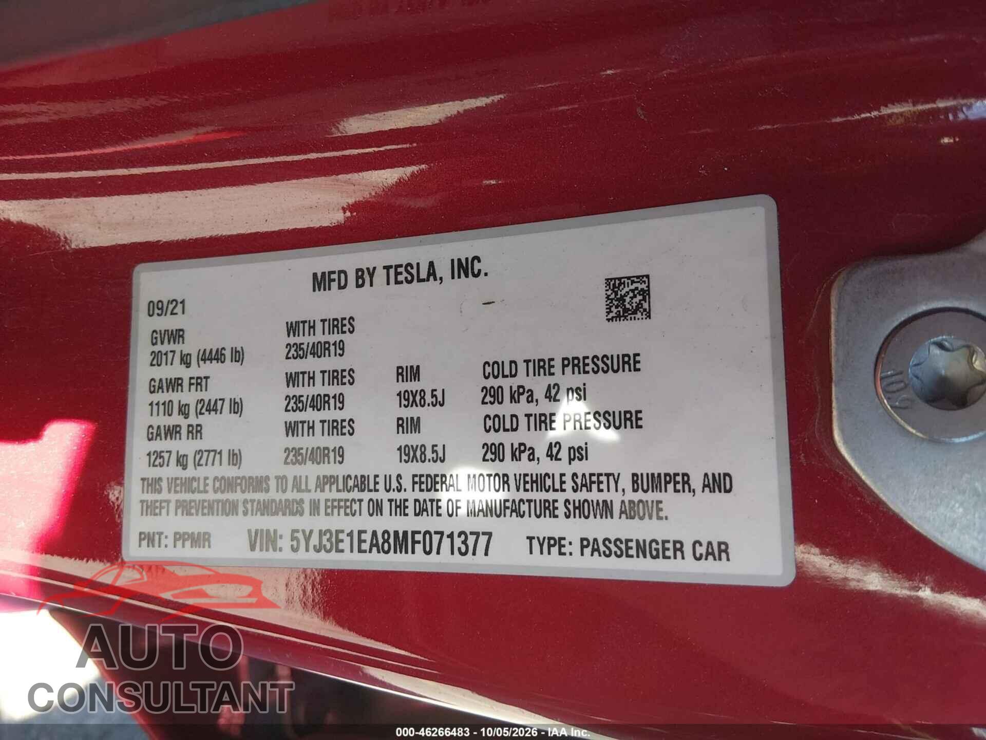 TESLA MODEL 3 2021 - 5YJ3E1EA8MF071377