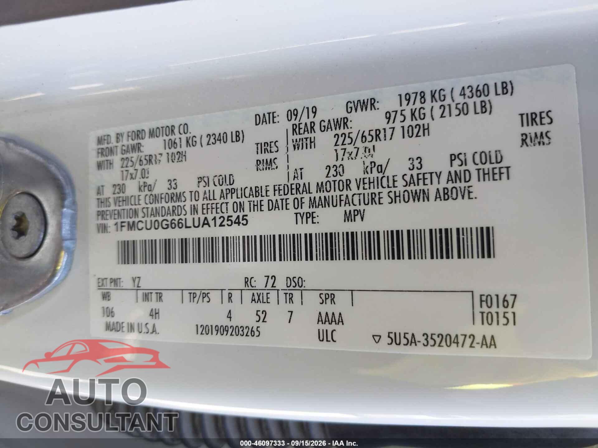 FORD ESCAPE 2020 - 1FMCU0G66LUA12545