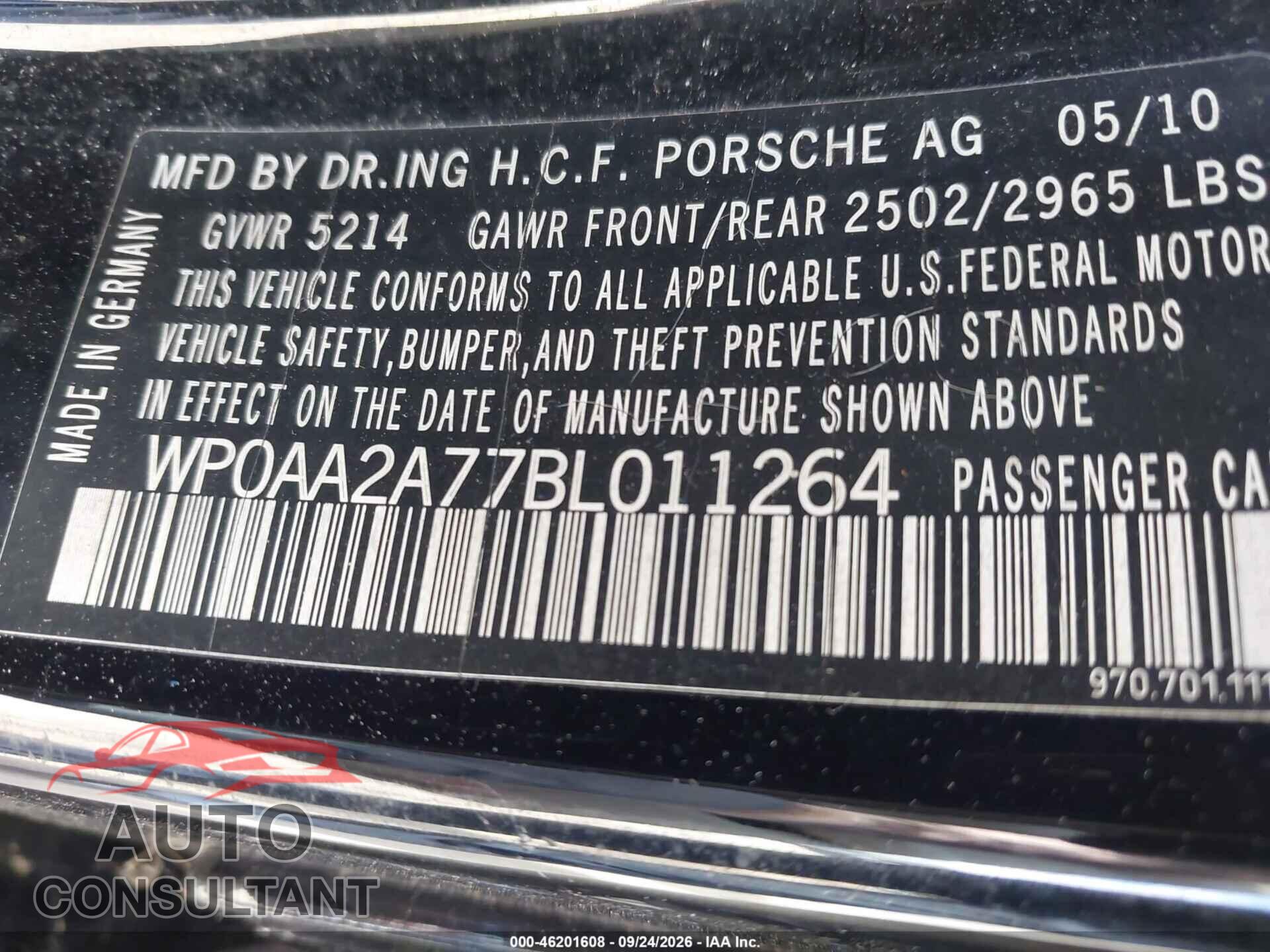 PORSCHE PANAMERA 2011 - WP0AA2A77BL011264