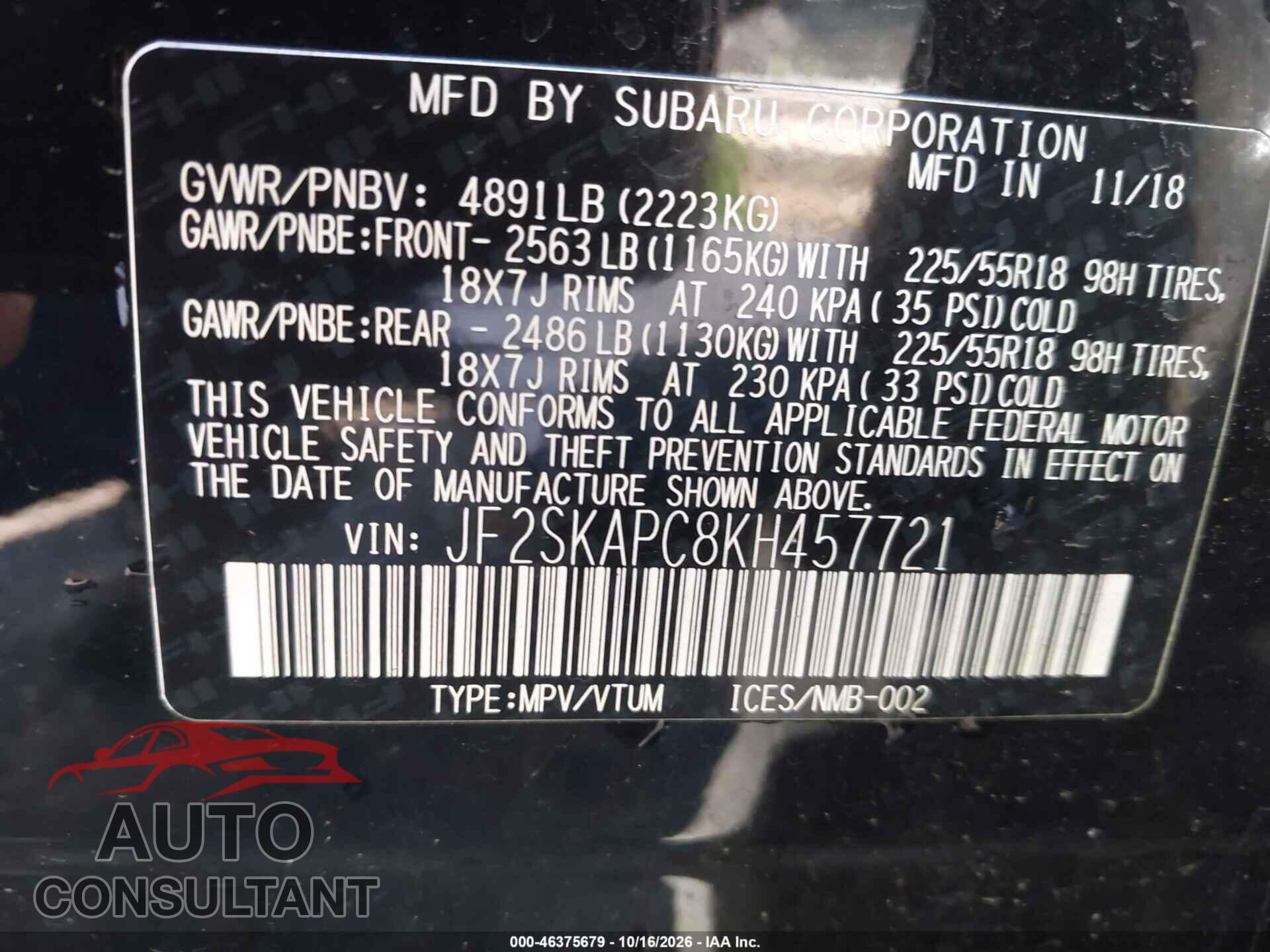 SUBARU FORESTER 2019 - JF2SKAPC8KH457721