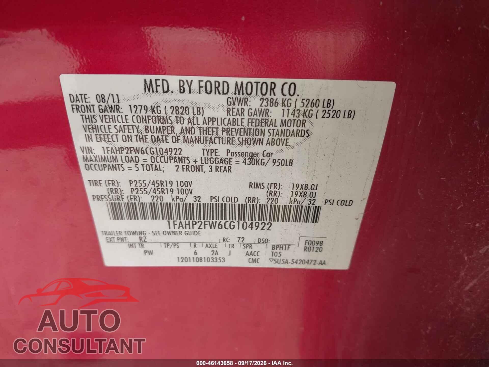 FORD TAURUS 2012 - 1FAHP2FW6CG104922