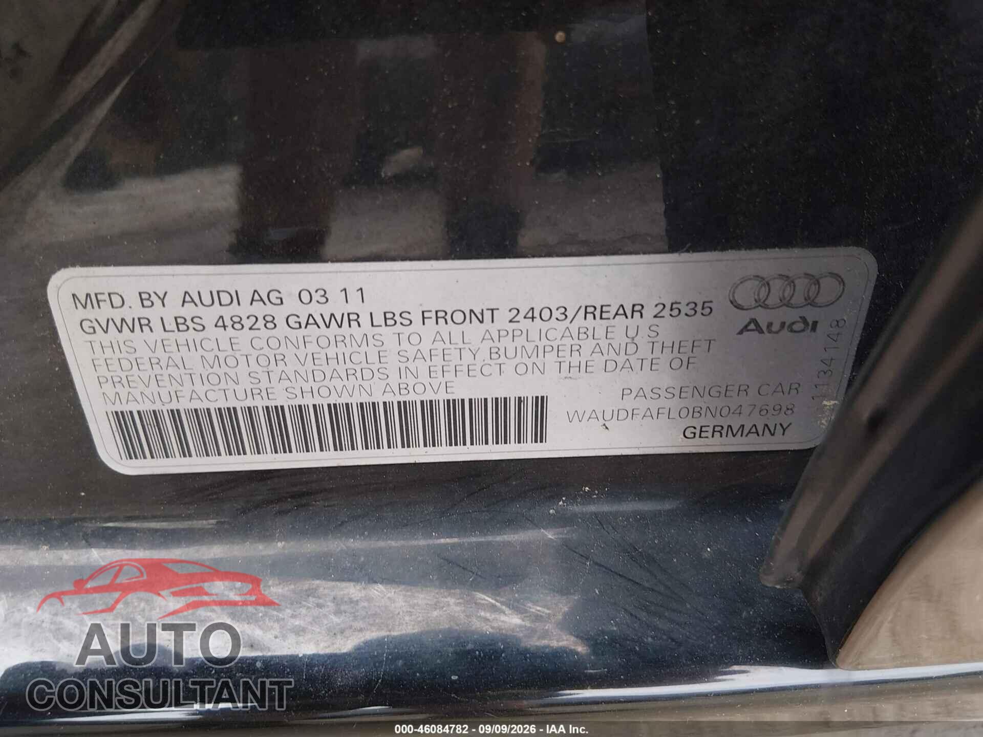 AUDI A4 2011 - WAUDFAFL0BN047698