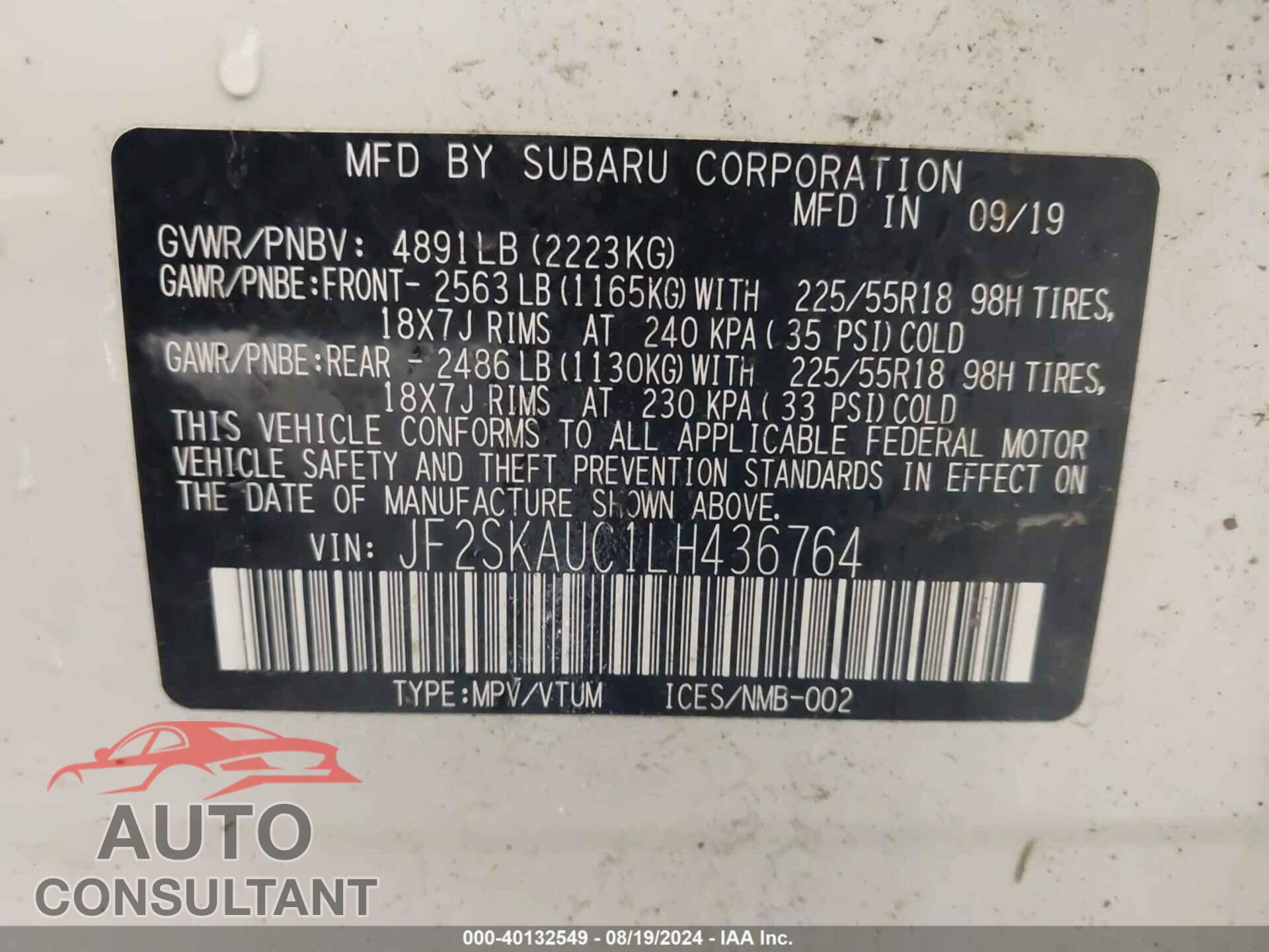 SUBARU FORESTER 2020 - JF2SKAUC1LH436764