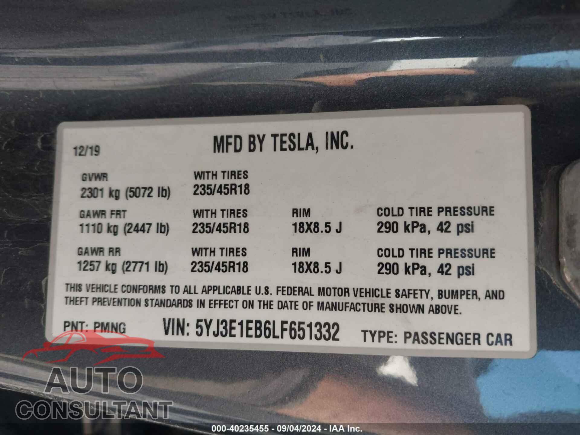 TESLA MODEL 3 2020 - 5YJ3E1EB6LF651332