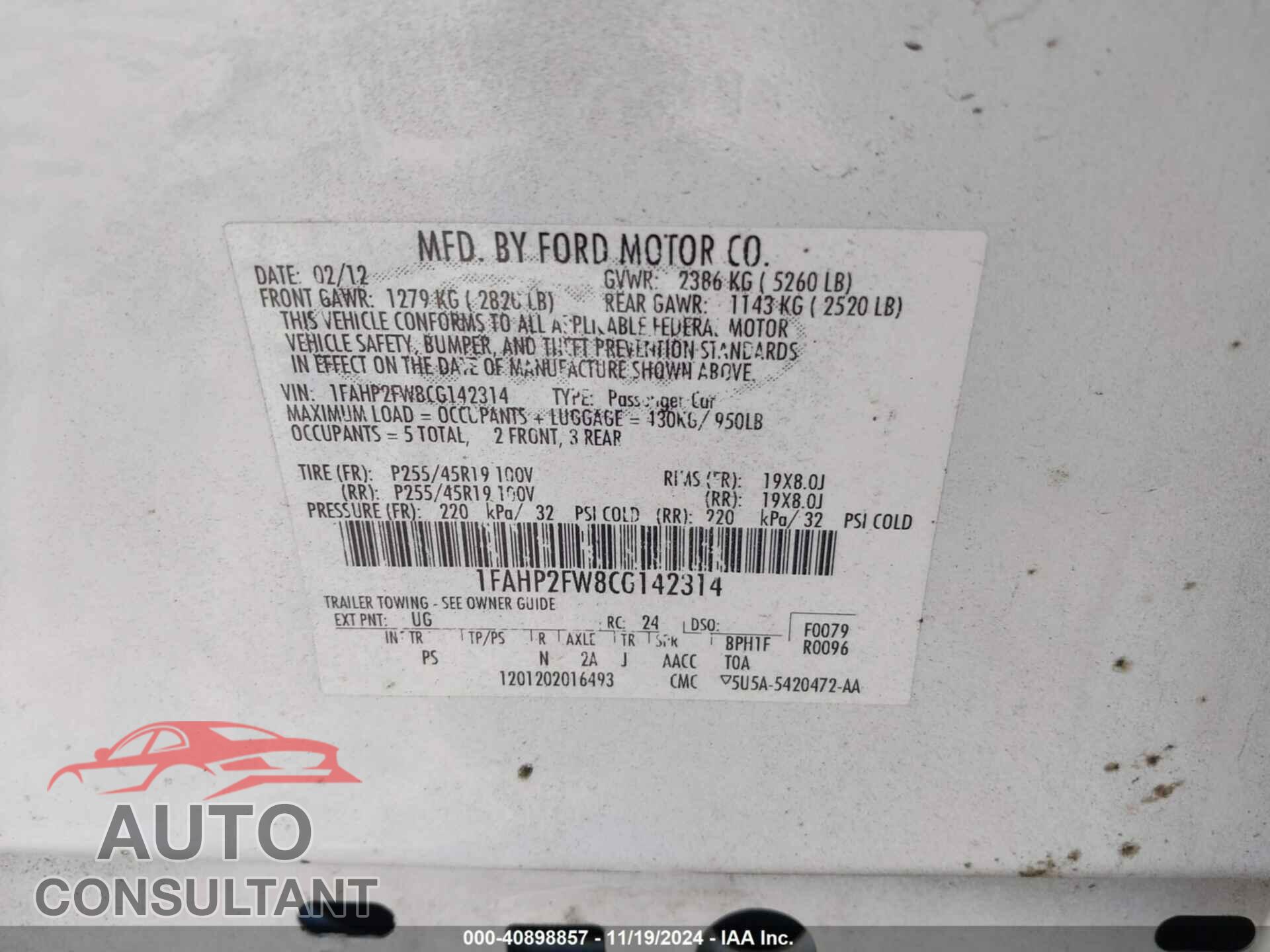 FORD TAURUS 2012 - 1FAHP2FW8CG142314