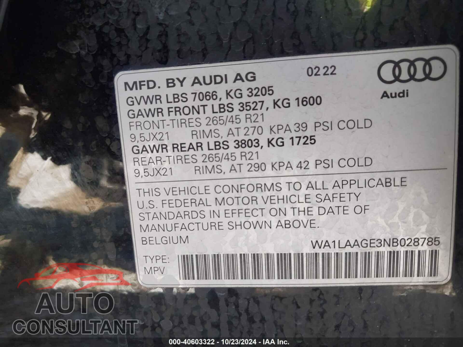 AUDI E-TRON 2022 - WA1LAAGE3NB028785