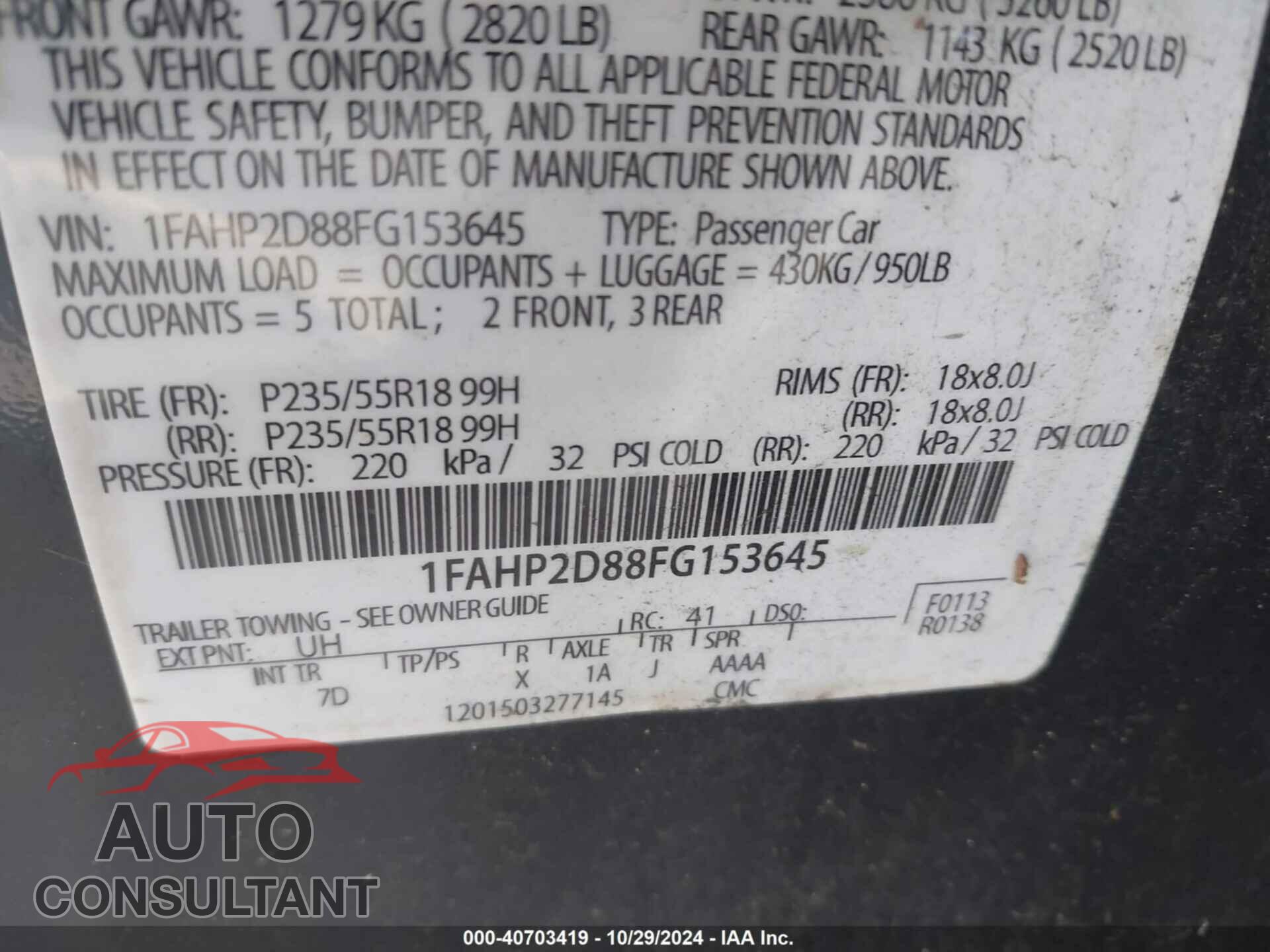 FORD TAURUS 2015 - 1FAHP2D88FG153645