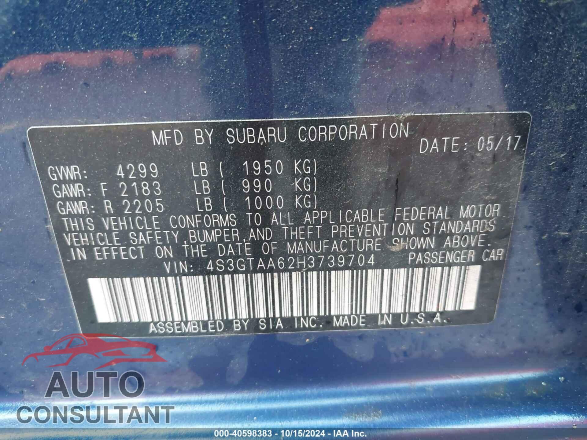 SUBARU IMPREZA 2017 - 4S3GTAA62H3739704