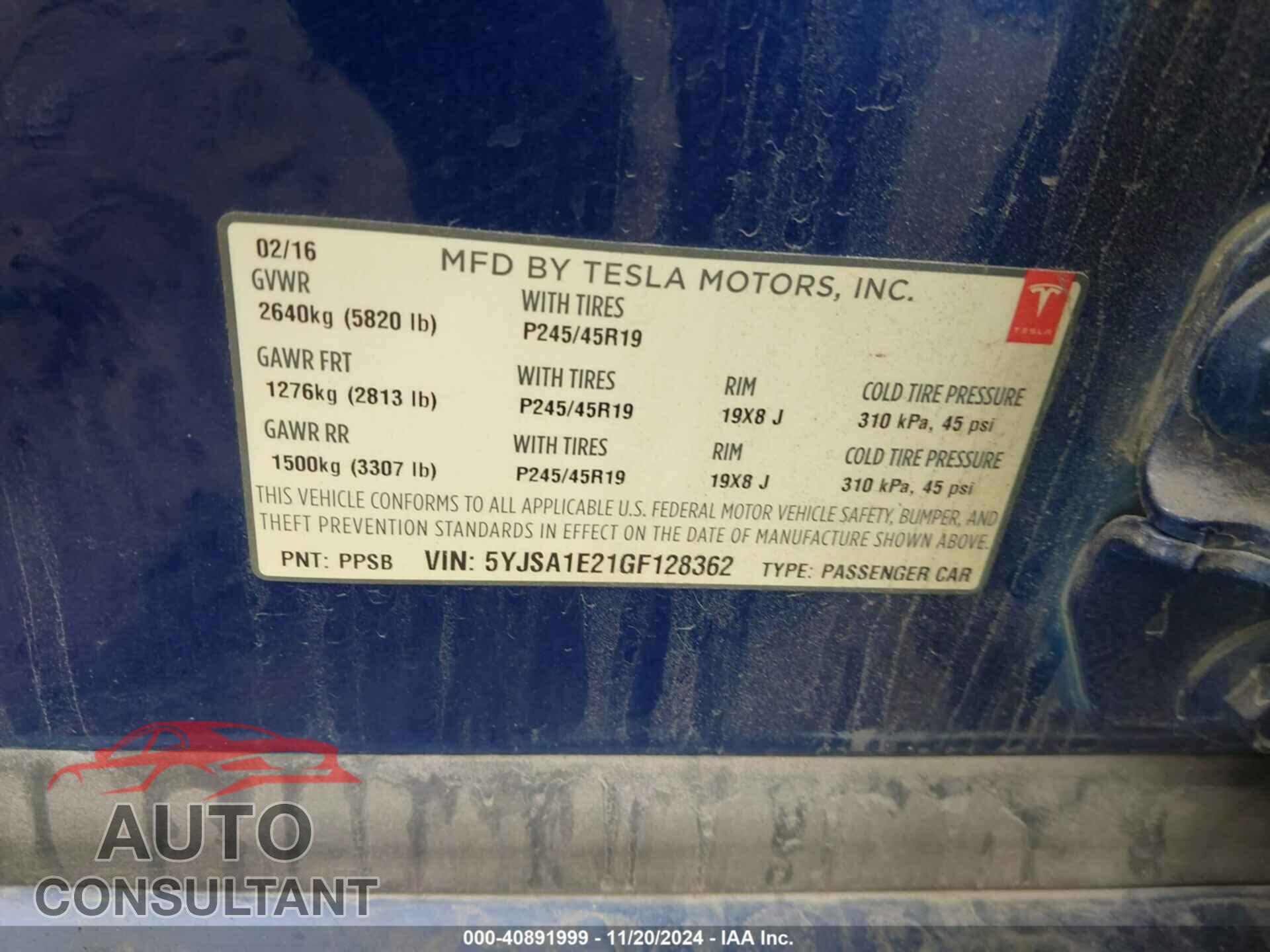 TESLA MODEL S 2016 - 5YJSA1E21GF128362