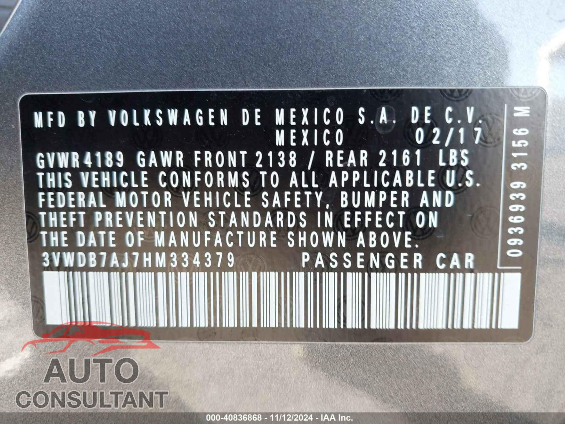 VOLKSWAGEN JETTA 2017 - 3VWDB7AJ7HM334379