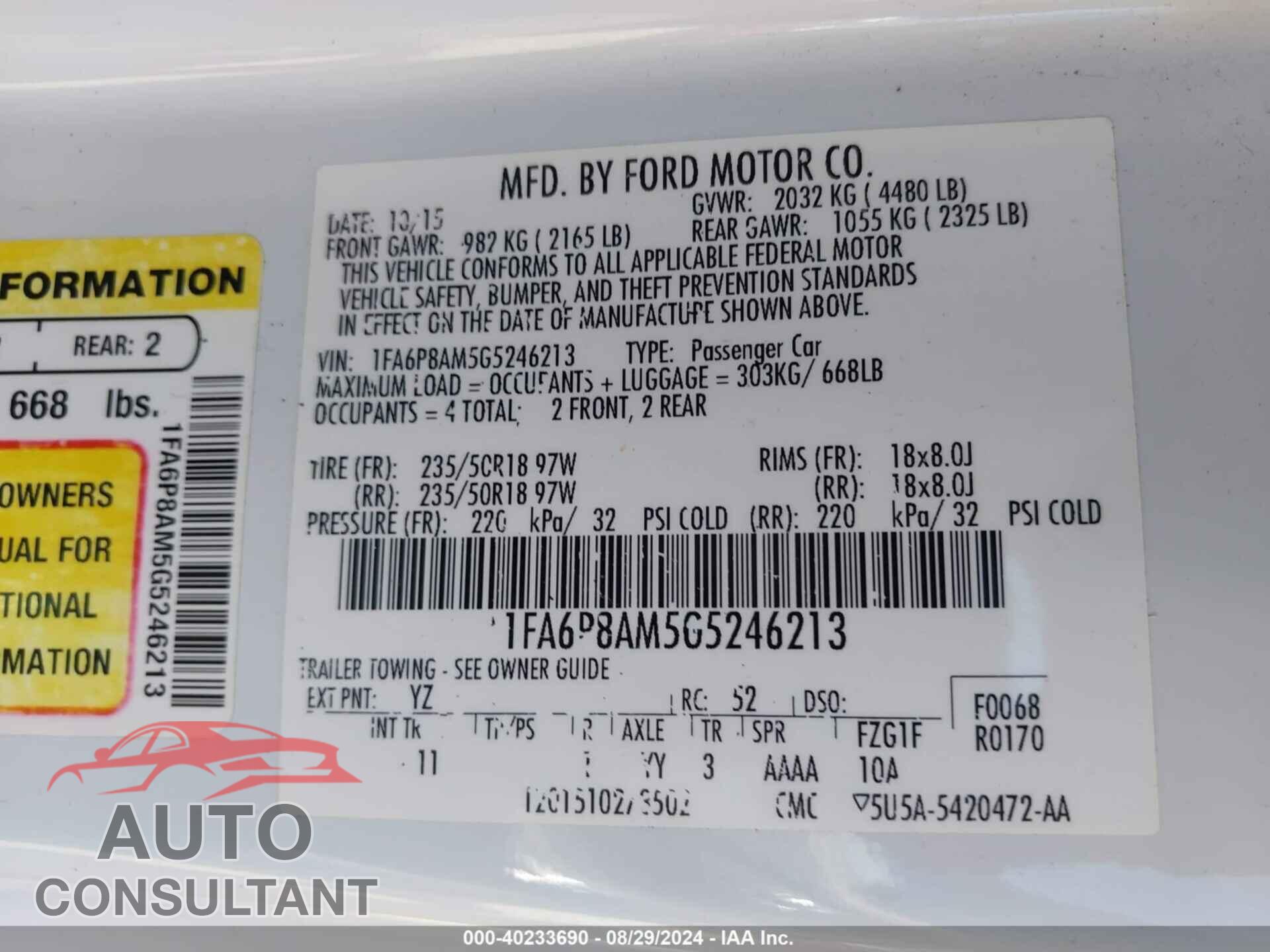 FORD MUSTANG 2016 - 1FA6P8AM5G5246213