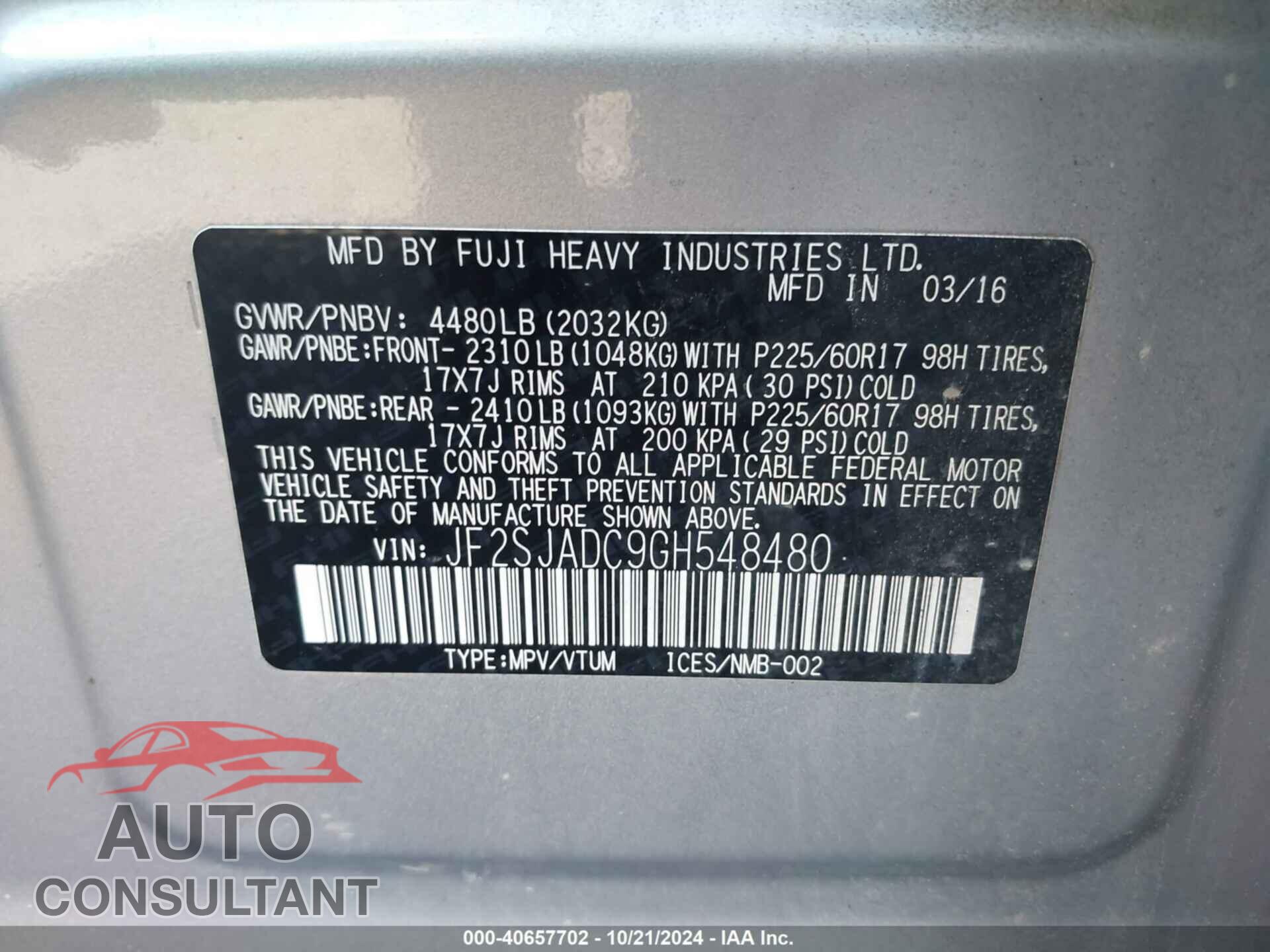 SUBARU FORESTER 2016 - JF2SJADC9GH548480