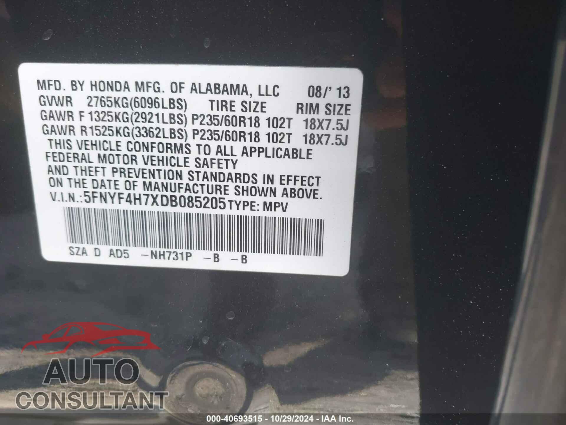 HONDA PILOT 2013 - 5FNYF4H7XDB085205