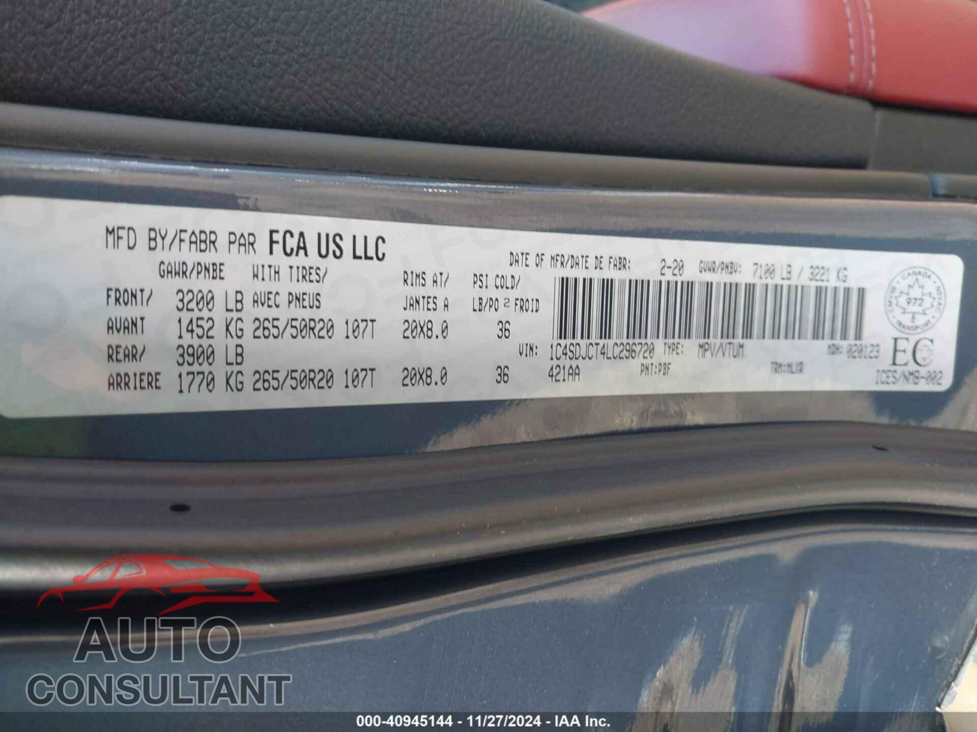 DODGE DURANGO 2020 - 1C4SDJCT4LC296720