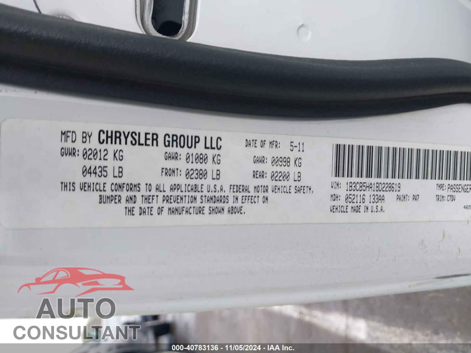 DODGE CALIBER 2011 - 1B3CB5HA1BD228619