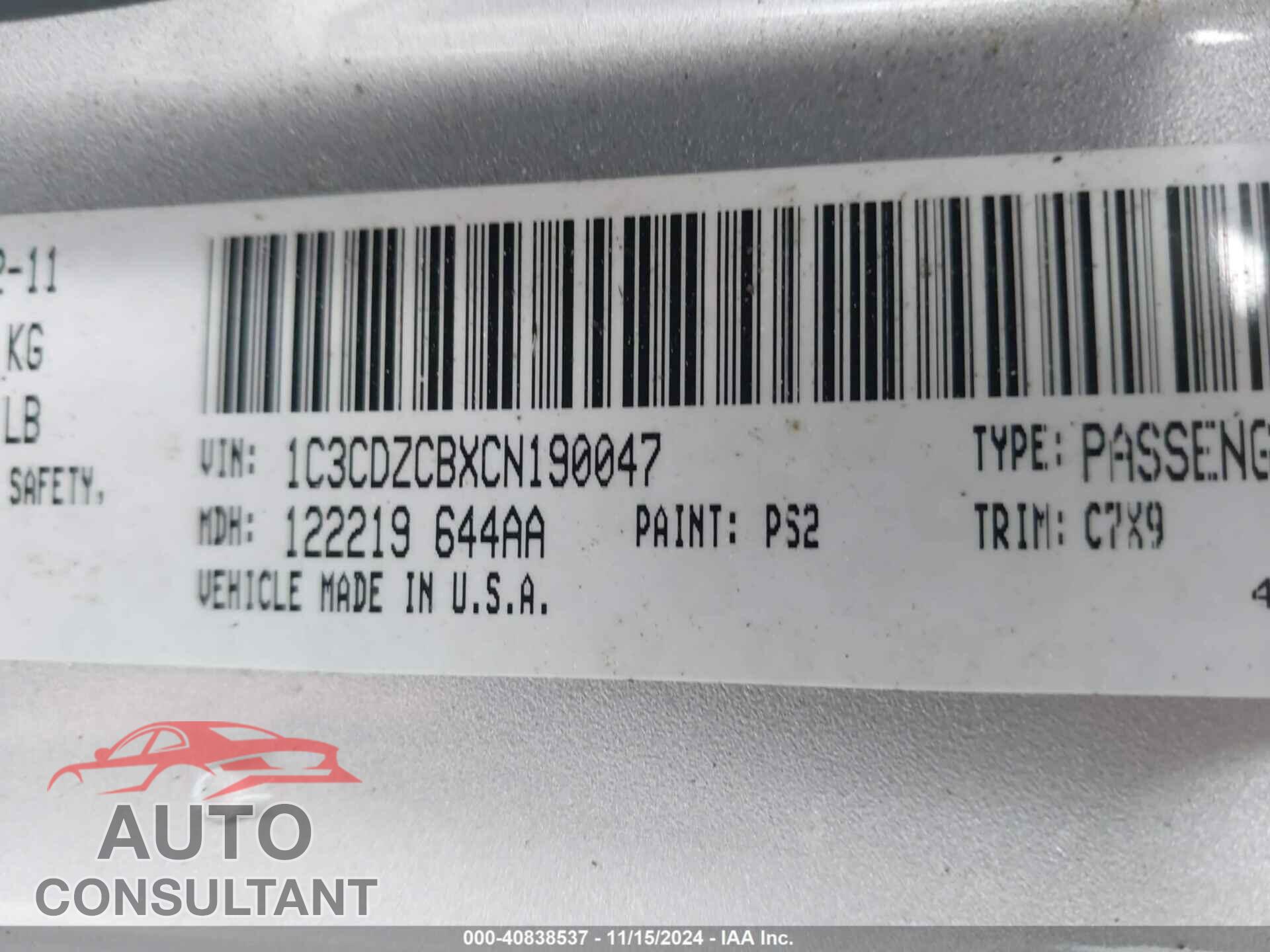 DODGE AVENGER 2012 - 1C3CDZCBXCN190047