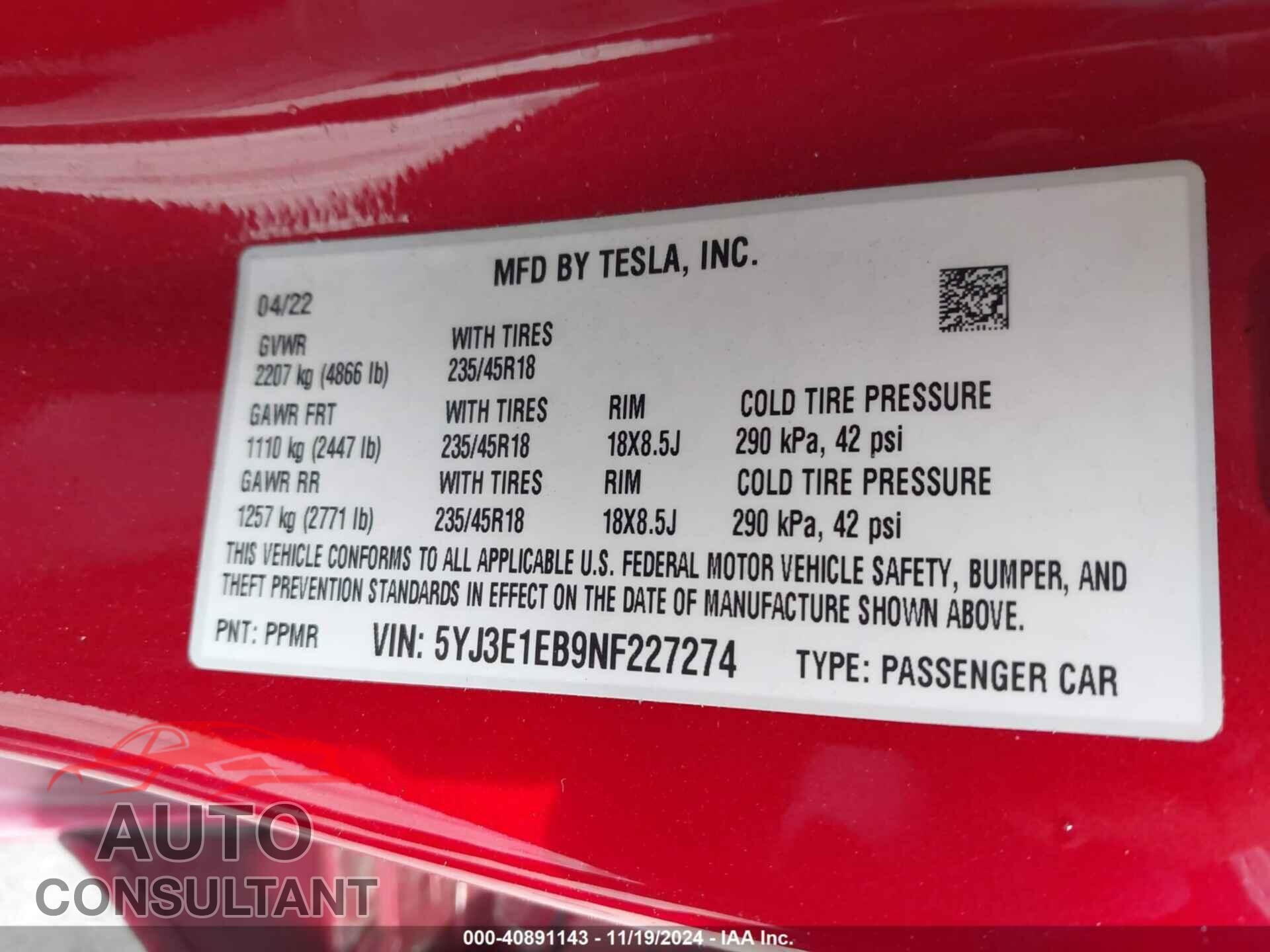 TESLA MODEL 3 2022 - 5YJ3E1EB9NF227274