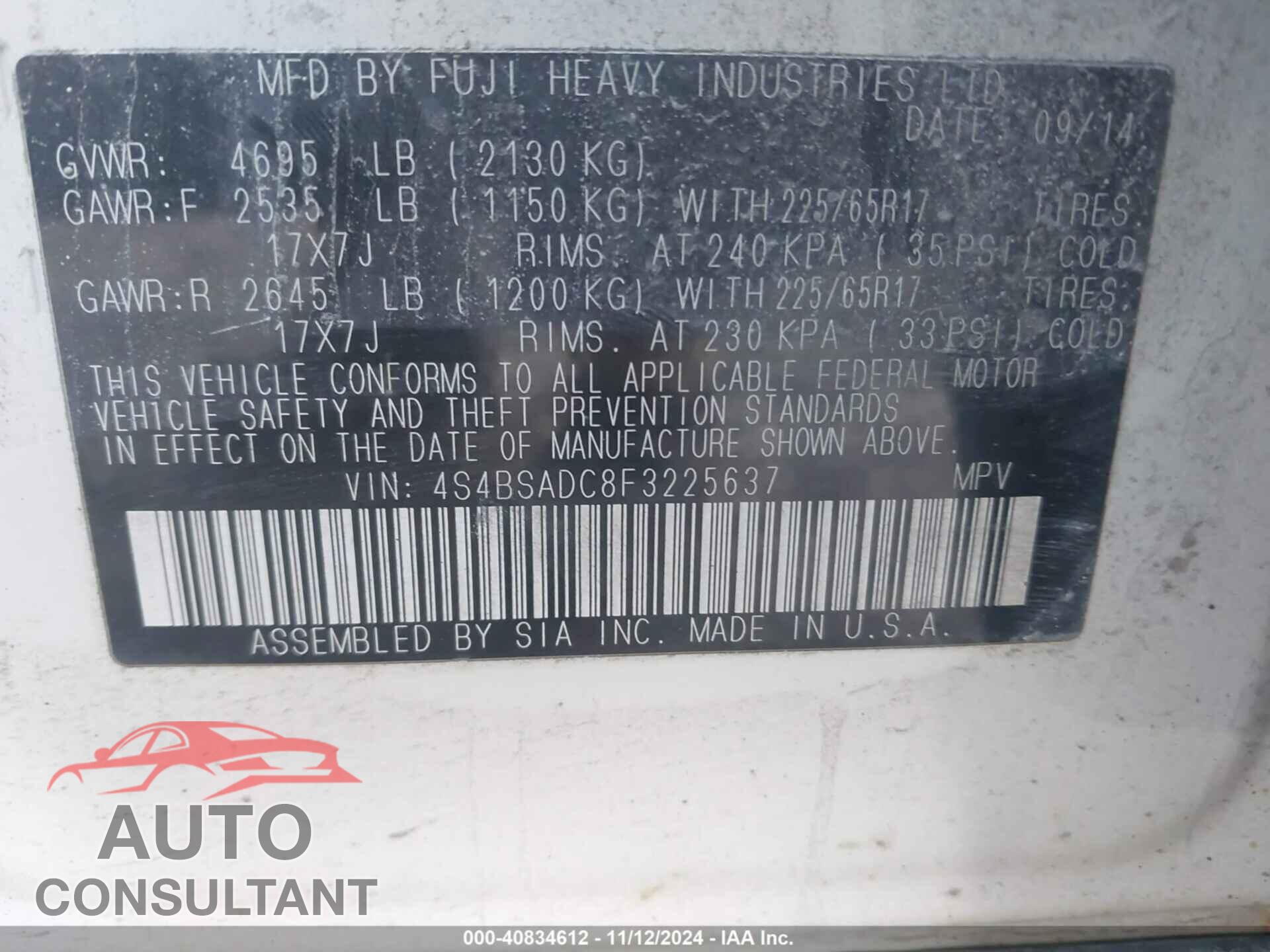 SUBARU OUTBACK 2015 - 4S4BSADC8F3225637