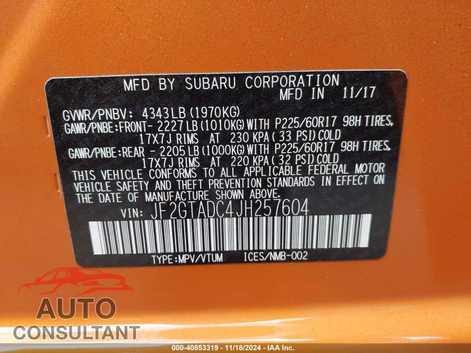 SUBARU CROSSTREK 2018 - JF2GTADC4JH257604
