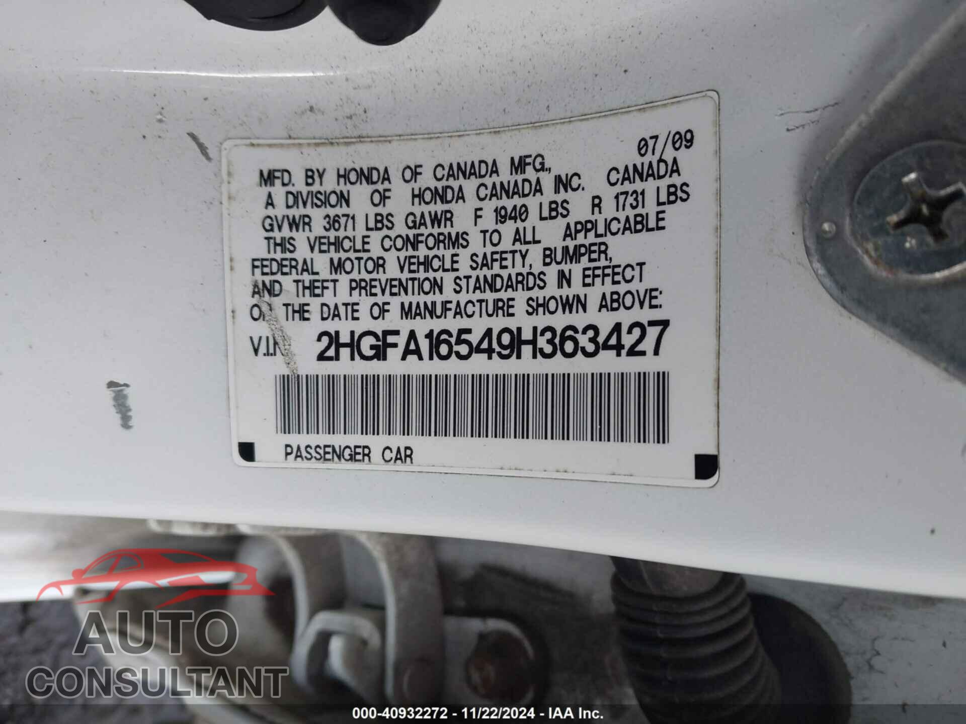 HONDA CIVIC 2009 - 2HGFA16549H363427