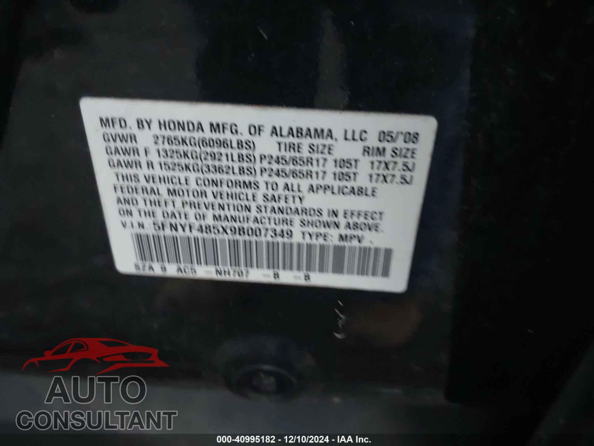 HONDA PILOT 2009 - 5FNYF485X9B007349